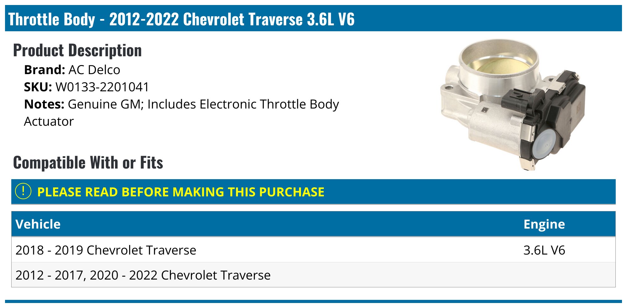 Autoparts-leader Throttle Body For Chevy Traverse 3.6L 2012-2020 – 72mm Electric, Aluminum