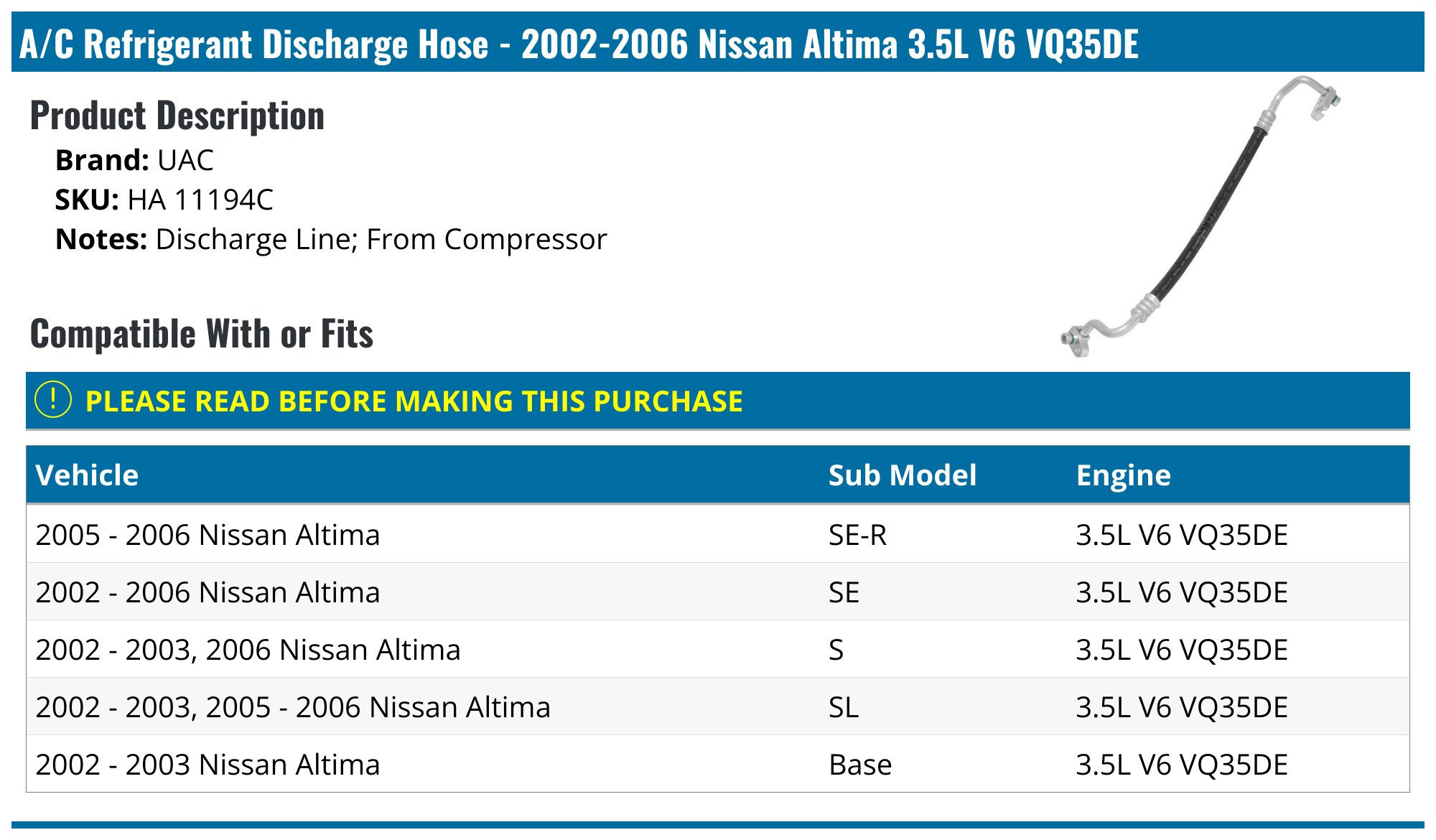 A/C Suction Line Hose Assembly For Nissan Altima 2002-2006 2.5L – Direct Fit