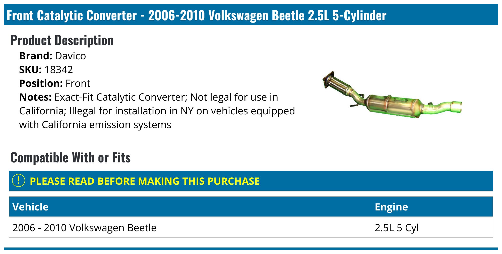 Direct Fit Catalytic Converter For 2006-2010 Volkswagen Eos/GTI/Jetta 2.0L – A1 Exhaust, EPA Certified