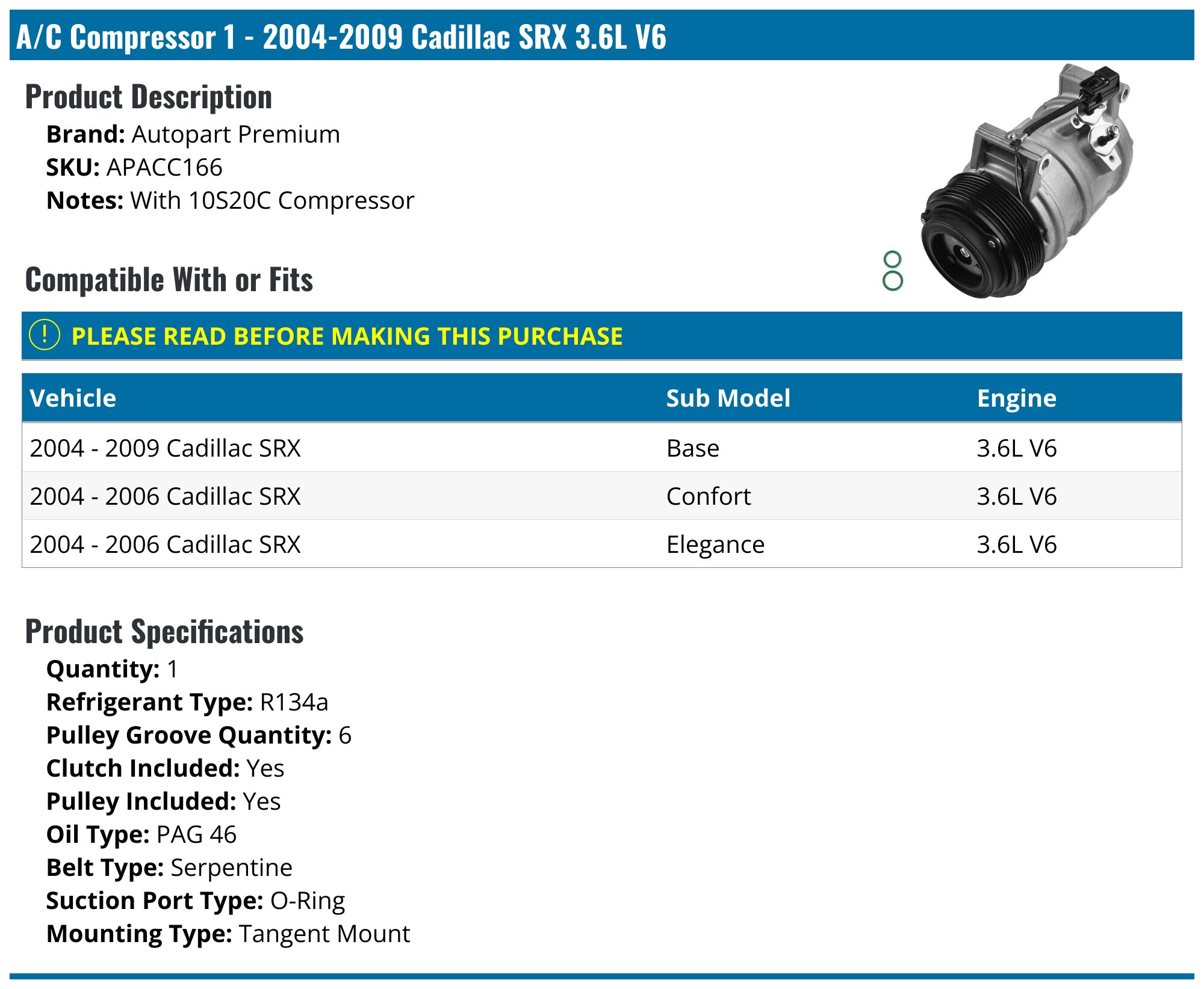 A/C Compressor For 2004-2009 Cadillac SRX