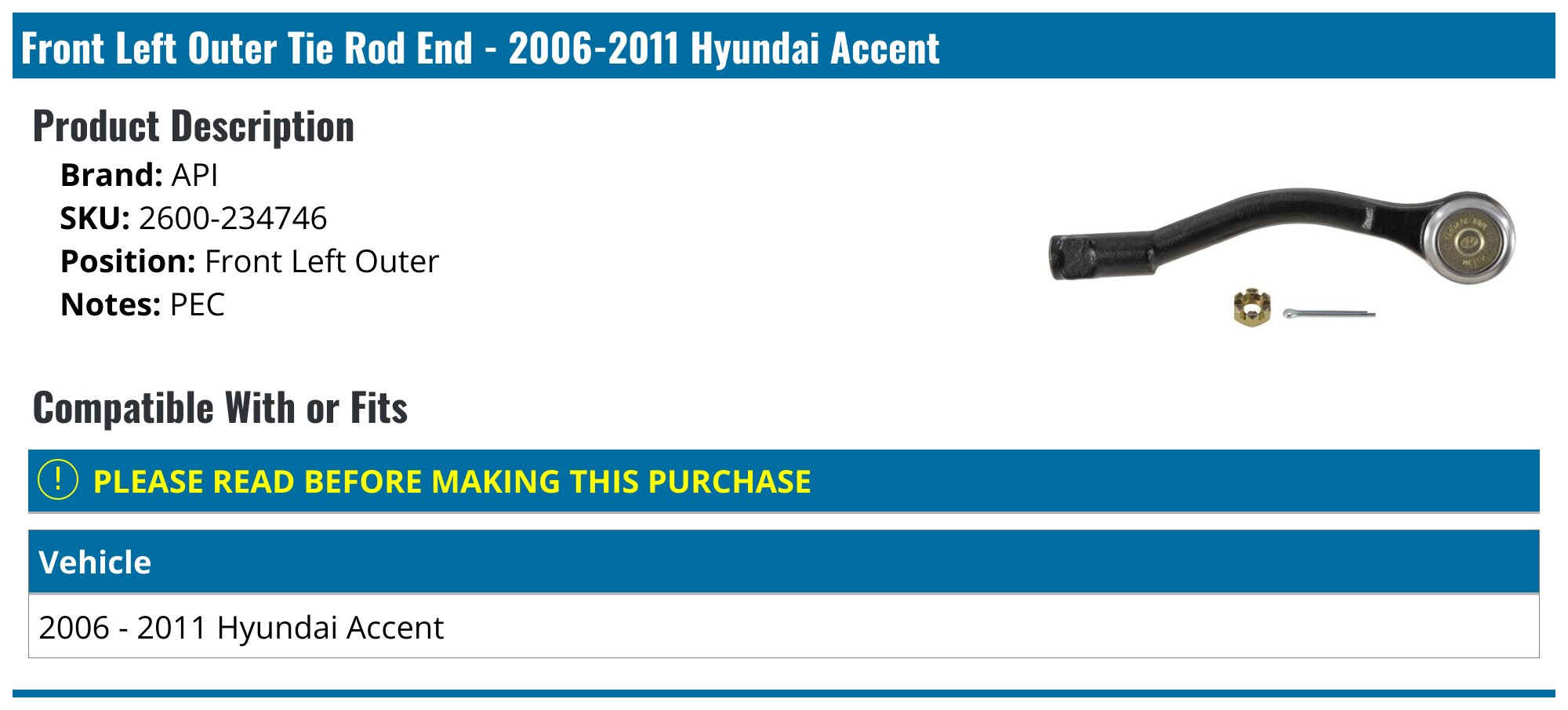 6pc Front Inner & Outer Tie Rods Kit For 2006-2011 Hyundai Accent With Boots