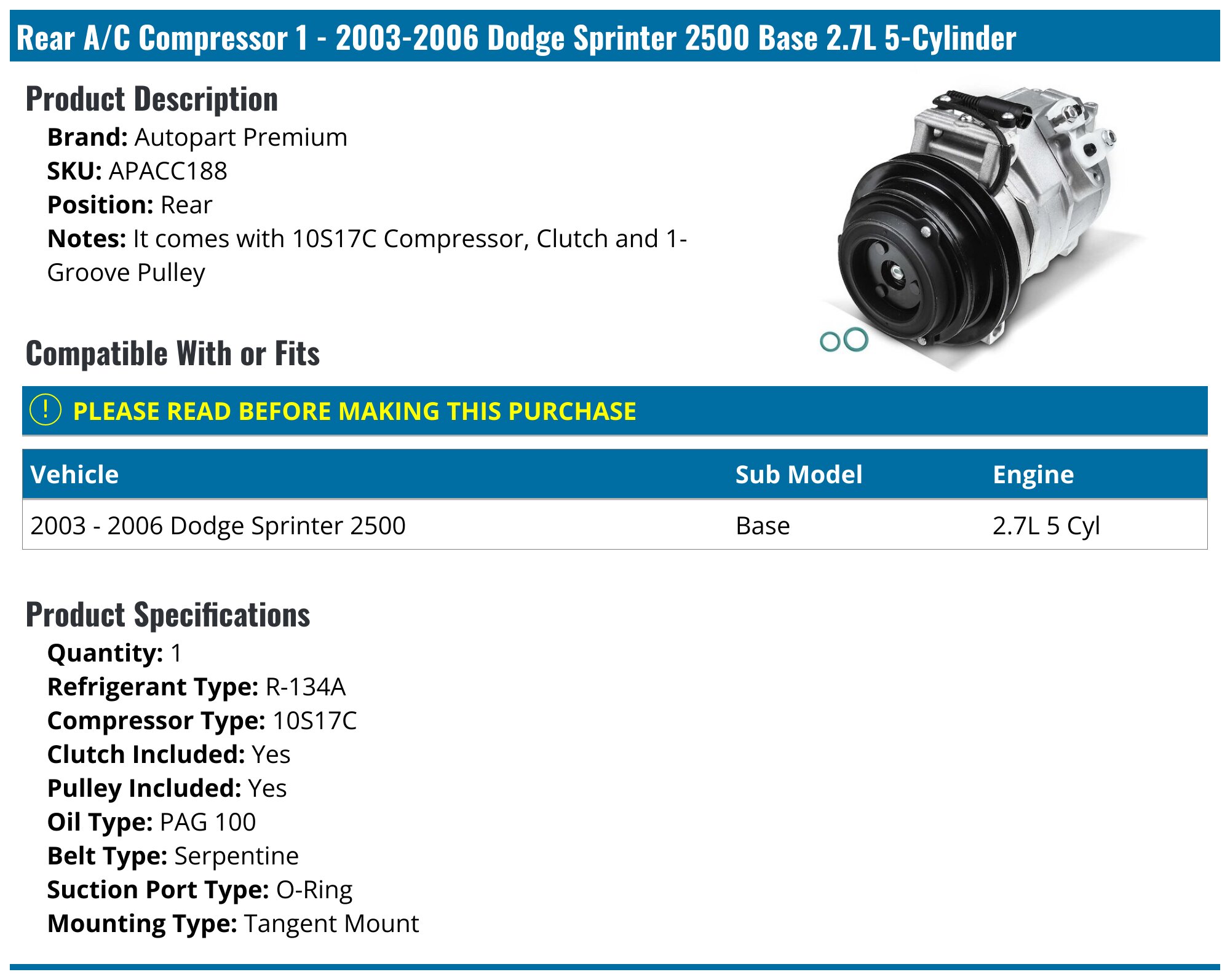 2003-2006 Dodge Sprinter 2500 A/C Compressor - GPD 9622728A