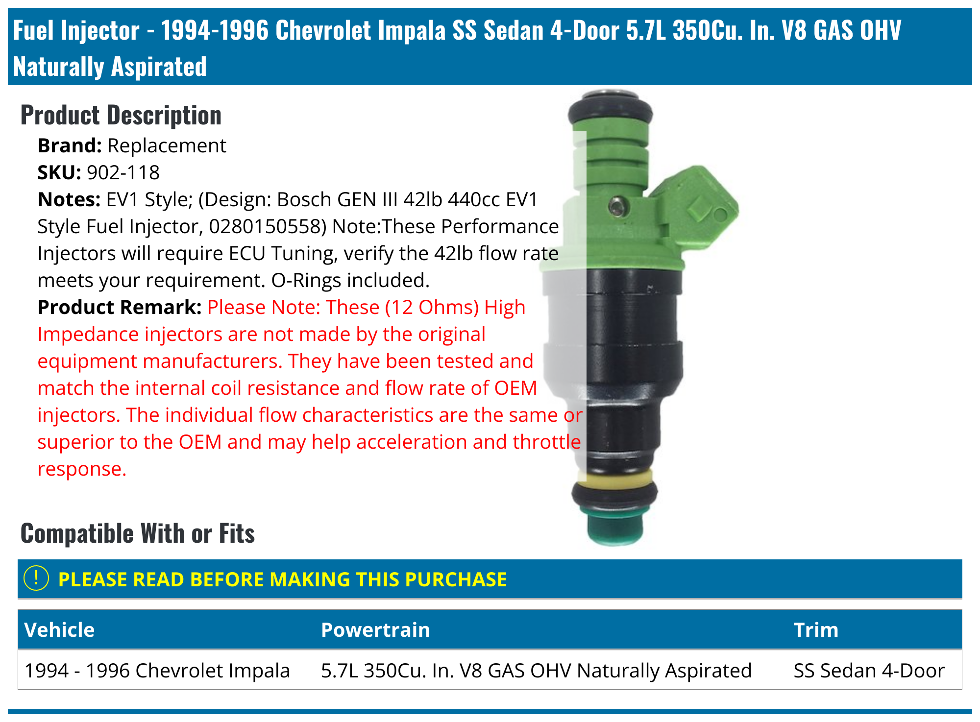 19941996 Chevrolet Impala Fuel Injector Replacement 902118