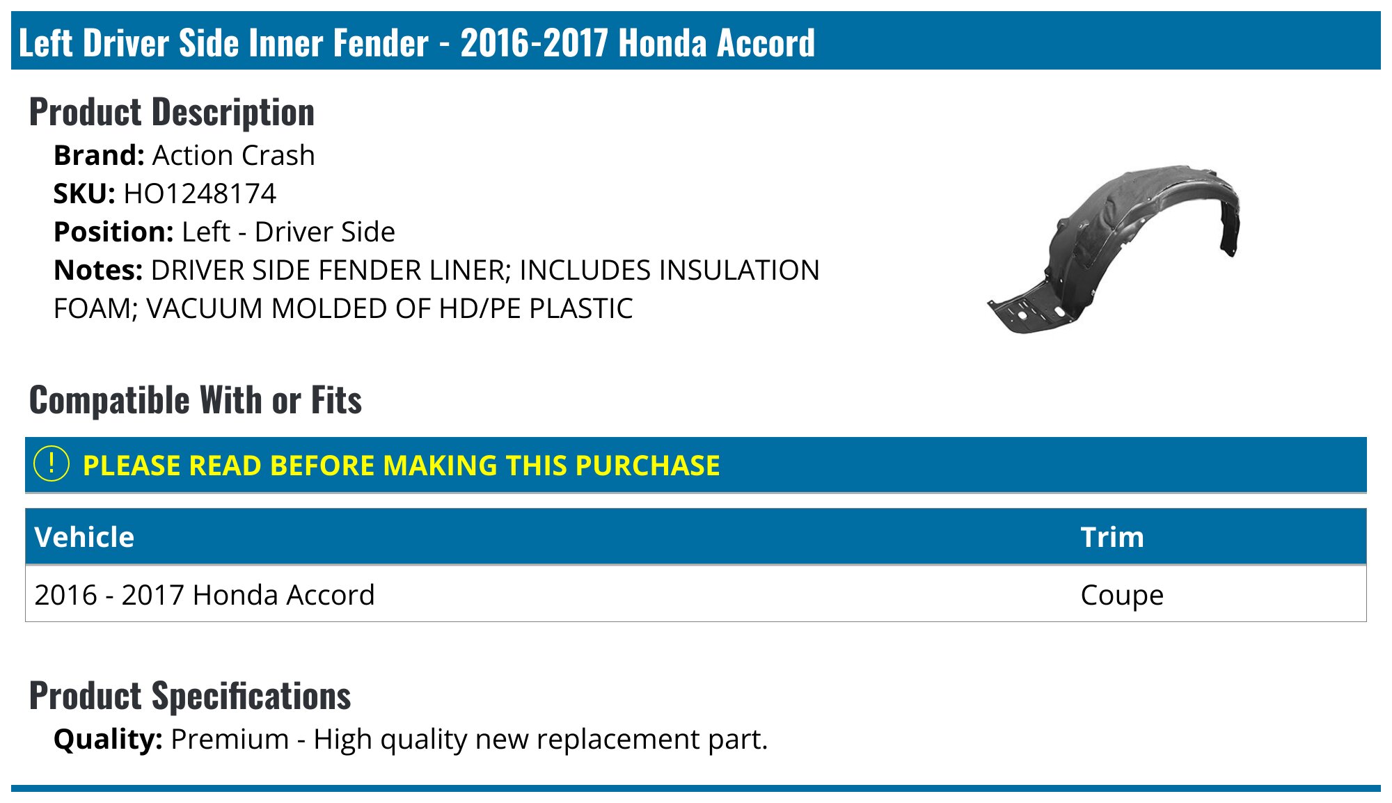 New Fender Liner Front Passenger Right Side For 2016-2017 Honda Accord