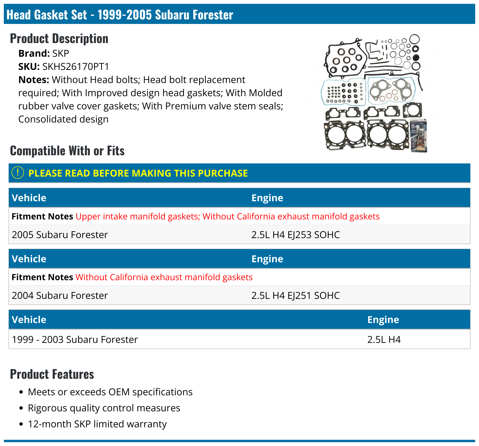 19992005 Subaru Forester Head Gasket SKP SKHS26170PT1