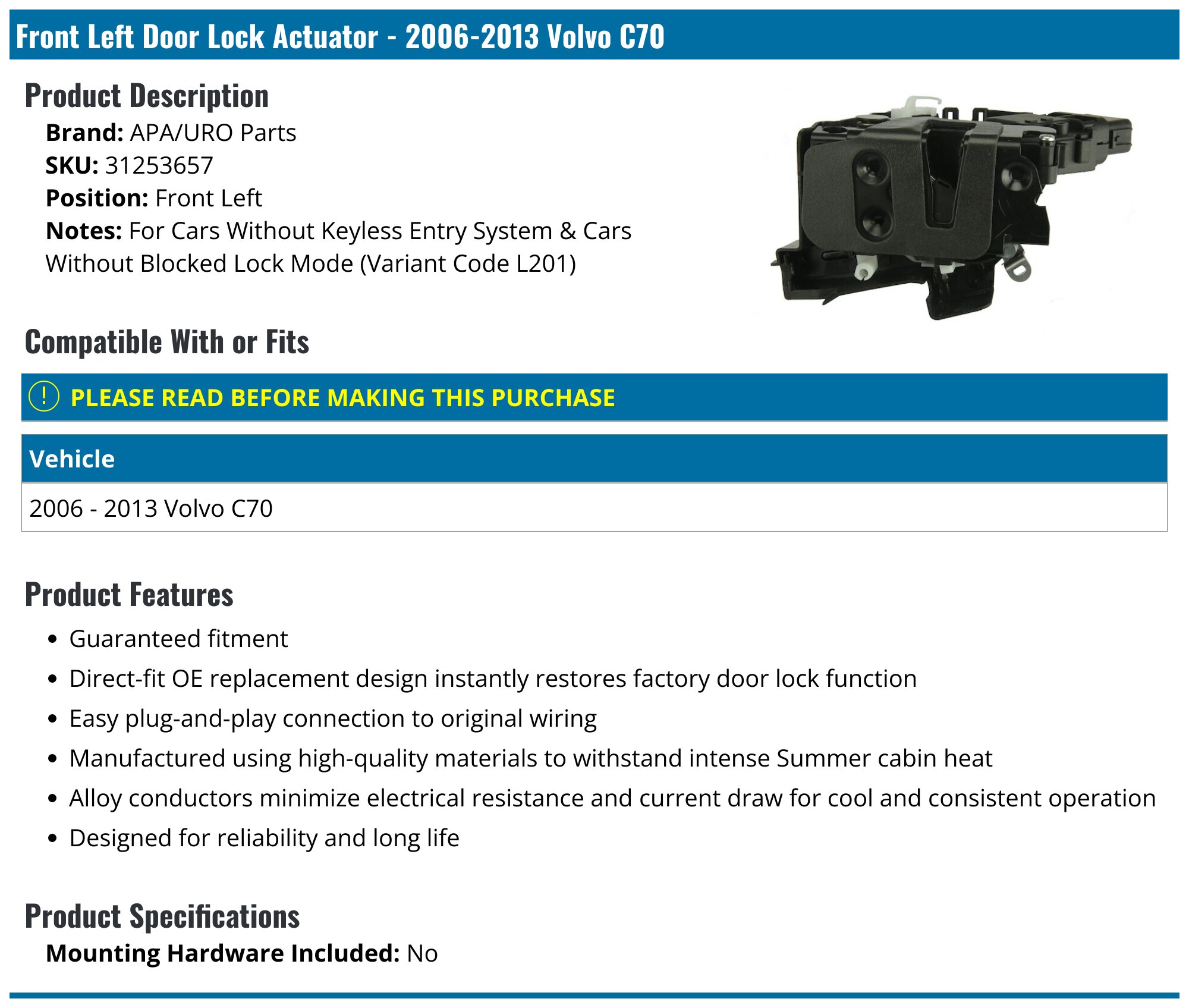 Volvo Door Lock Assembly - Genuine Volvo 30784976
