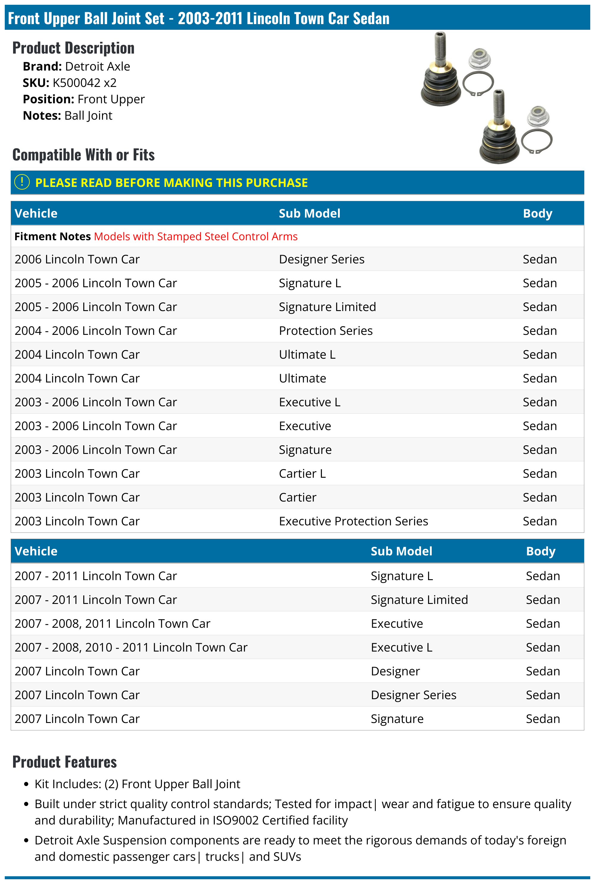 20032011 Lincoln Town Car Ball Joint Detroit Axle K500042 x2 Front