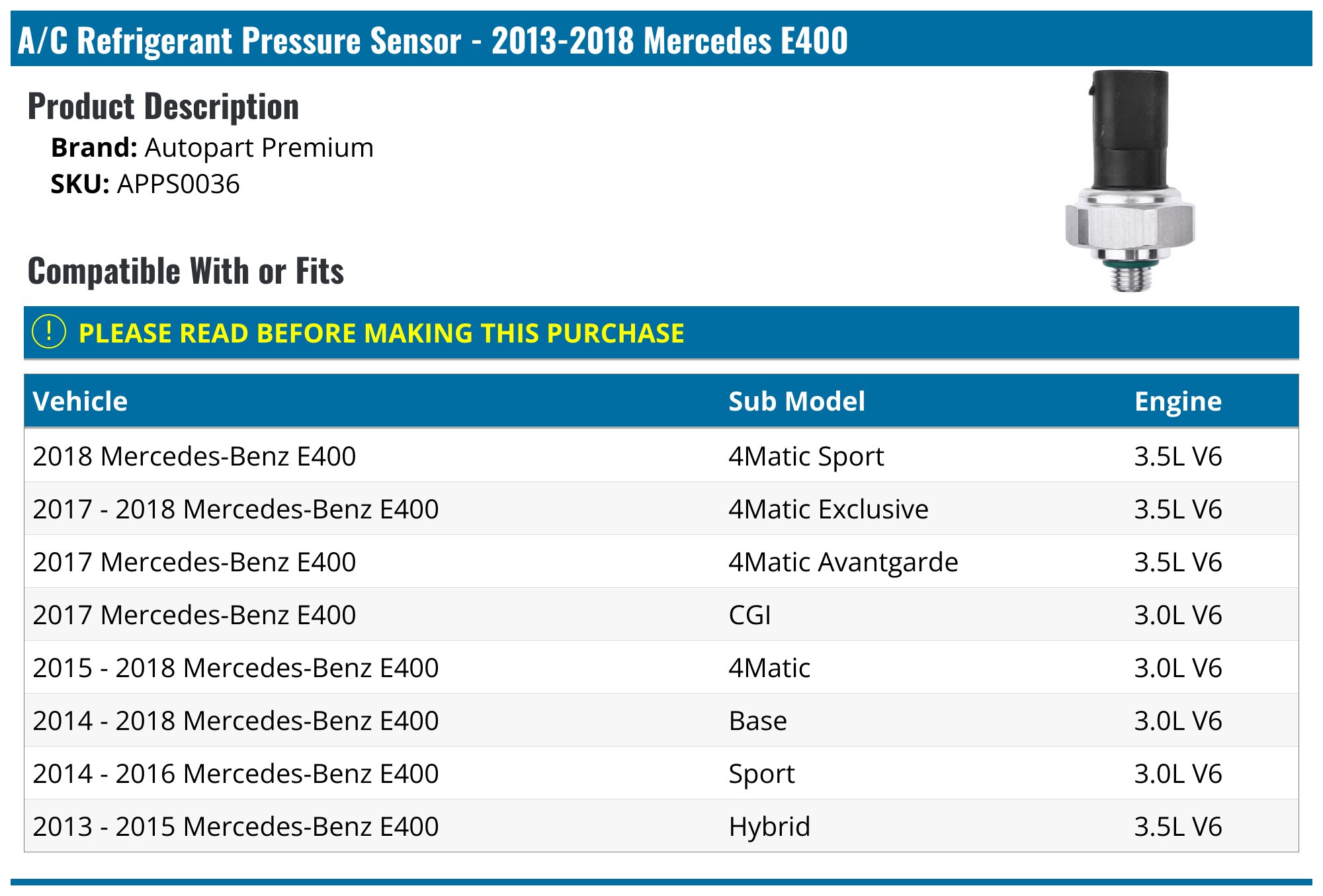 2013-2018 Mercedes E400 A/C Refrigerant Pressure Sensor - Autopart ...
