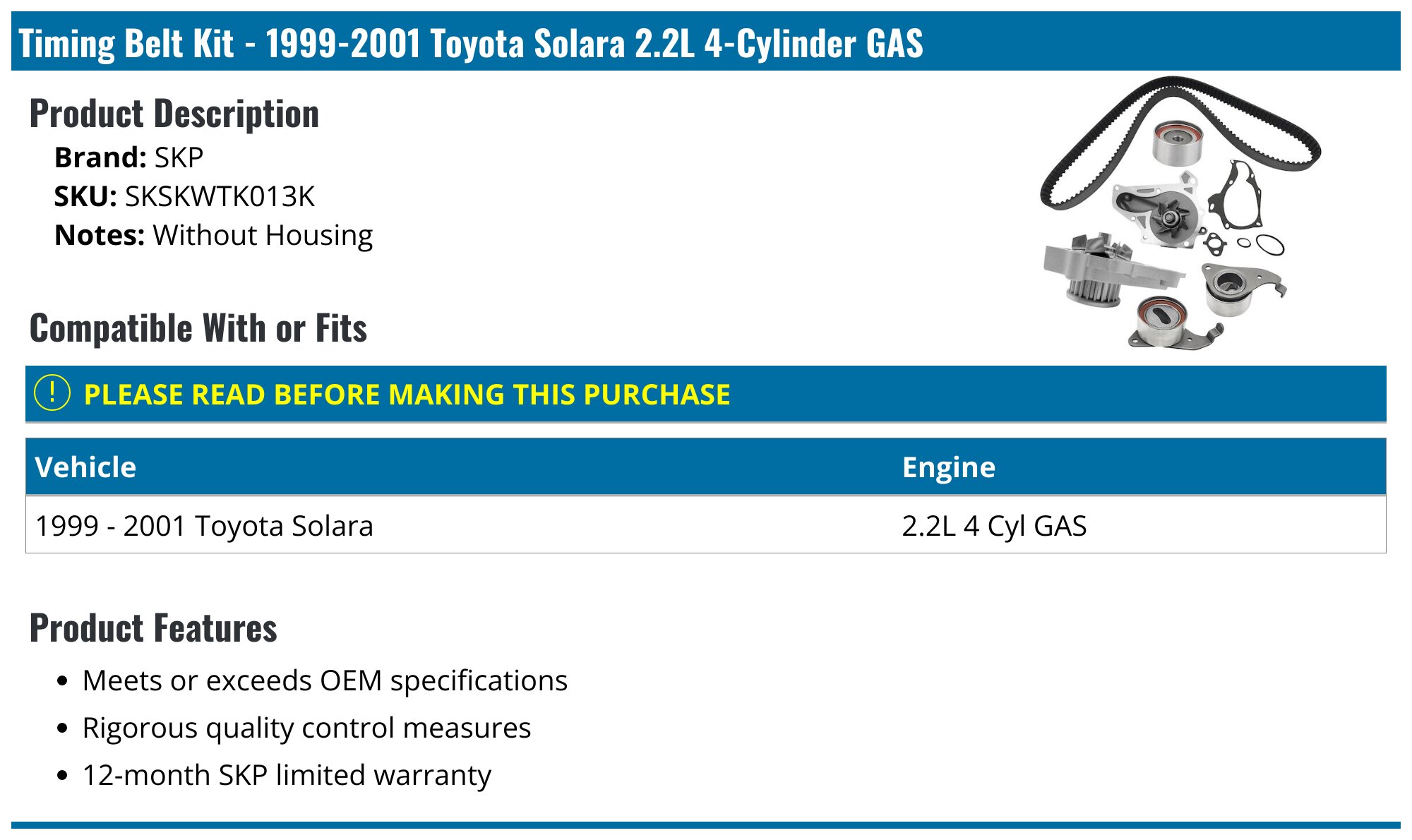 Mizumo Auto Head Gasket Set & Timing Belt Kit For Toyota Camry Celica Solara 2.2L 5SFE 97-01