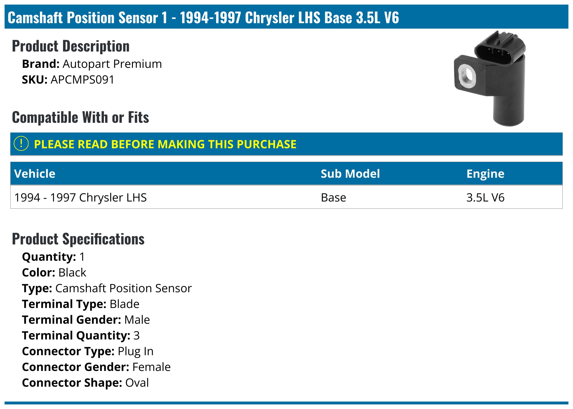 19941997 Chrysler LHS Camshaft Position Sensor Autopart Premium