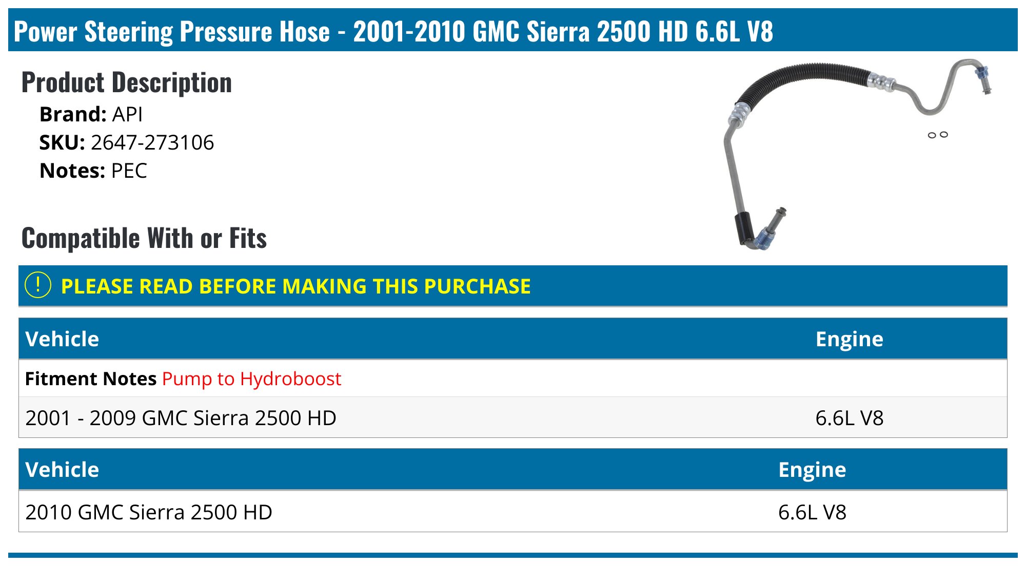Sierra 2500 Power Steering Return Line Hose Assembly; Hydroboost To Pump Psa36943.hg49555