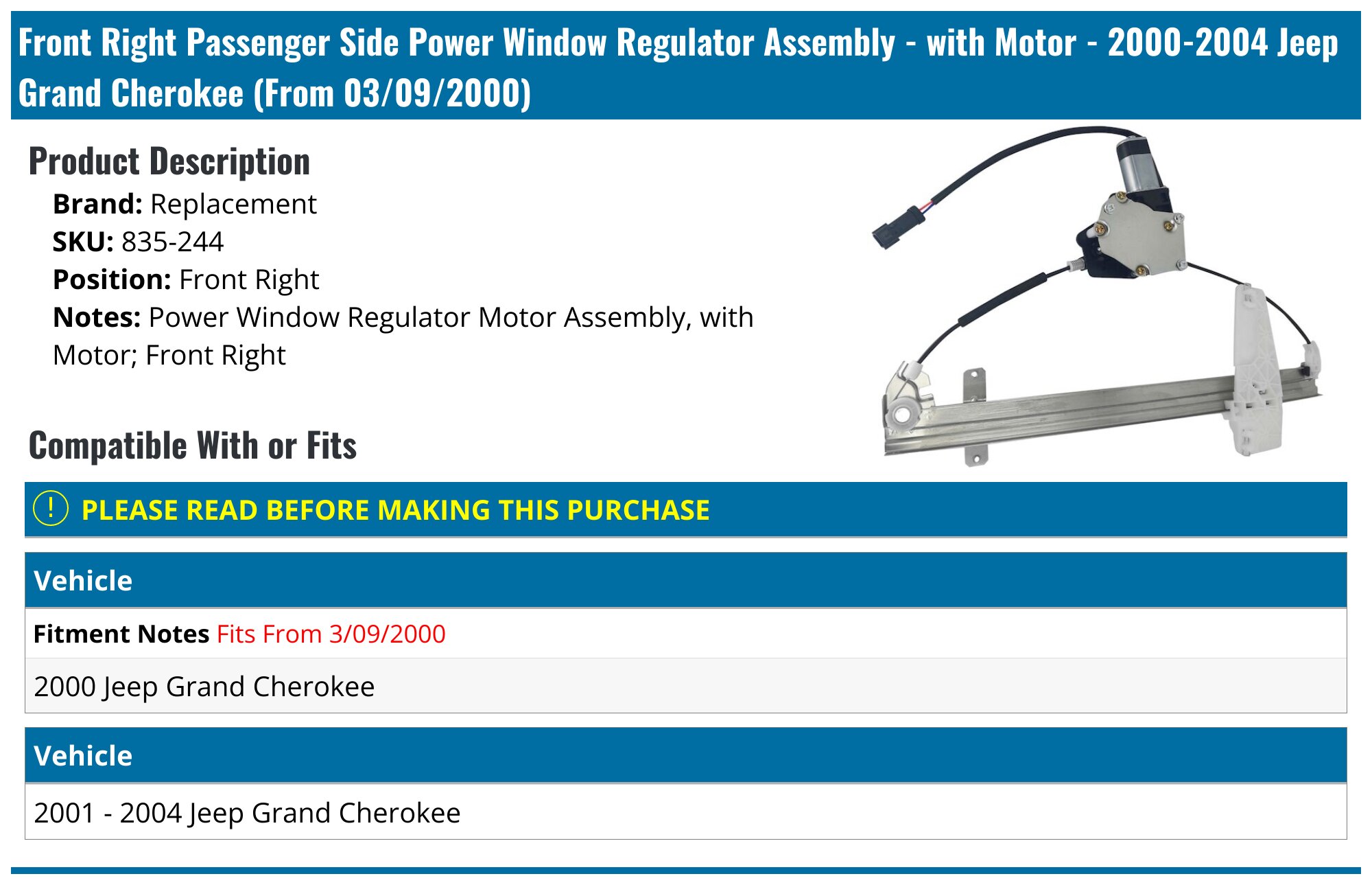 A-Premium Rear Passenger Side Power Electric Window Regulator with Motor Compatible with 2001-2004 Jeep Grand Cherokee Special Edition Sport Utility - Walmart Supplies