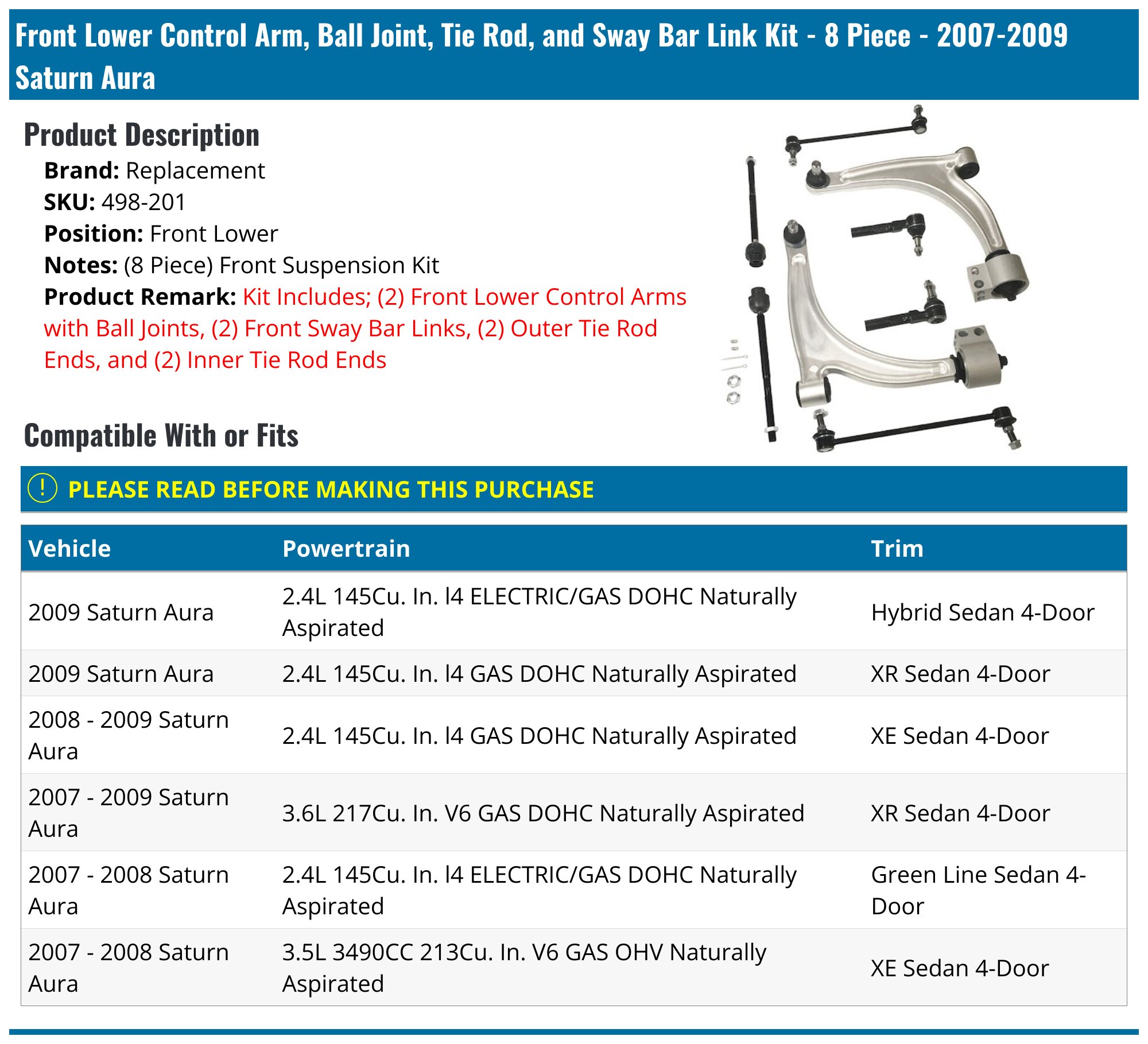 Front Lower Control Arm, Ball Joint, Tie Rod, and Sway Bar Link Kit - 8  Piece - 2007-2009 Saturn Aura - Replacement 23978-02530255, image size:2000x1819