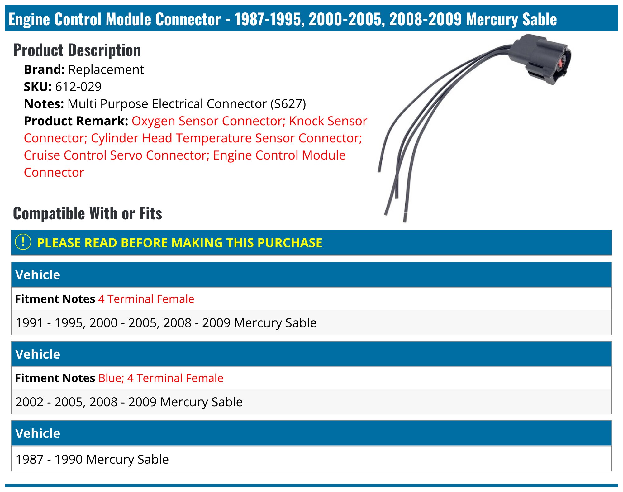 Sable Controls 1987-1995, 2000-2005, 2008-2009 Mercury Sable Engine Control Module ...