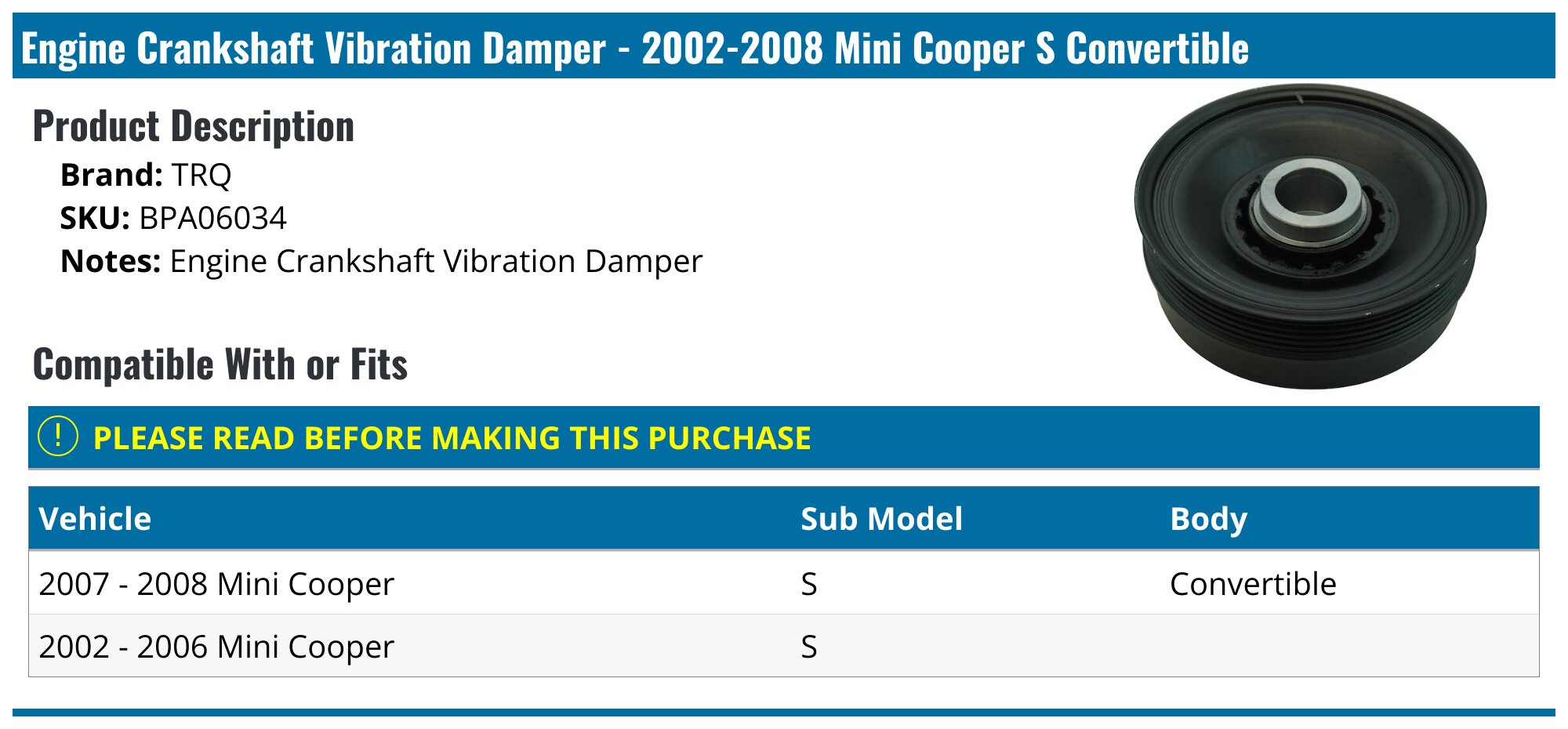 mini cooper vibration Amazon.com: Crankshaft Pulley Vibration Damper Harmonic Balancer + Bolt for Mini  Cooper R50 : Automotive main image 0
