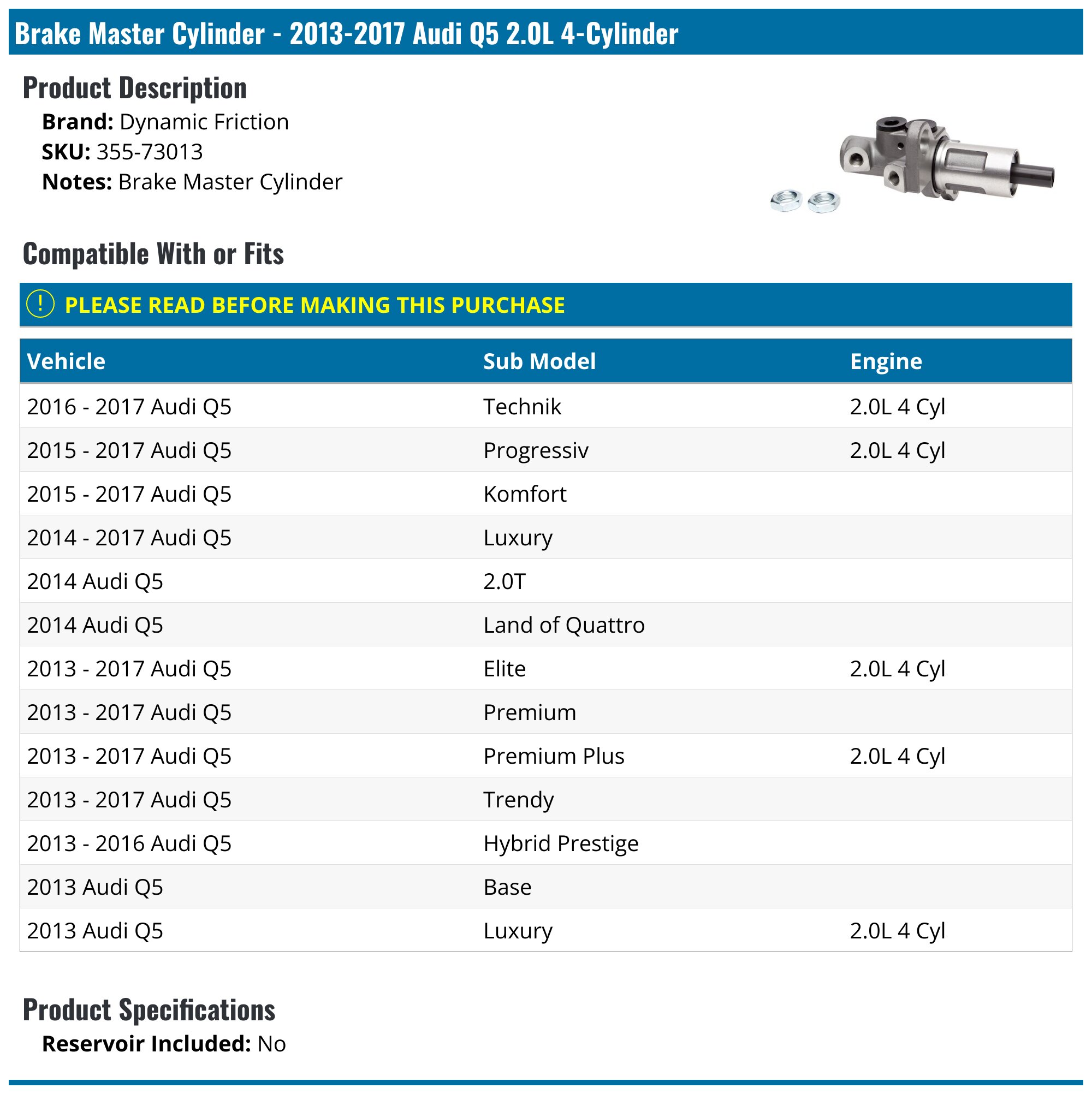 20132017 Audi Q5 Brake Master Cylinder Dynamic Friction 35573013