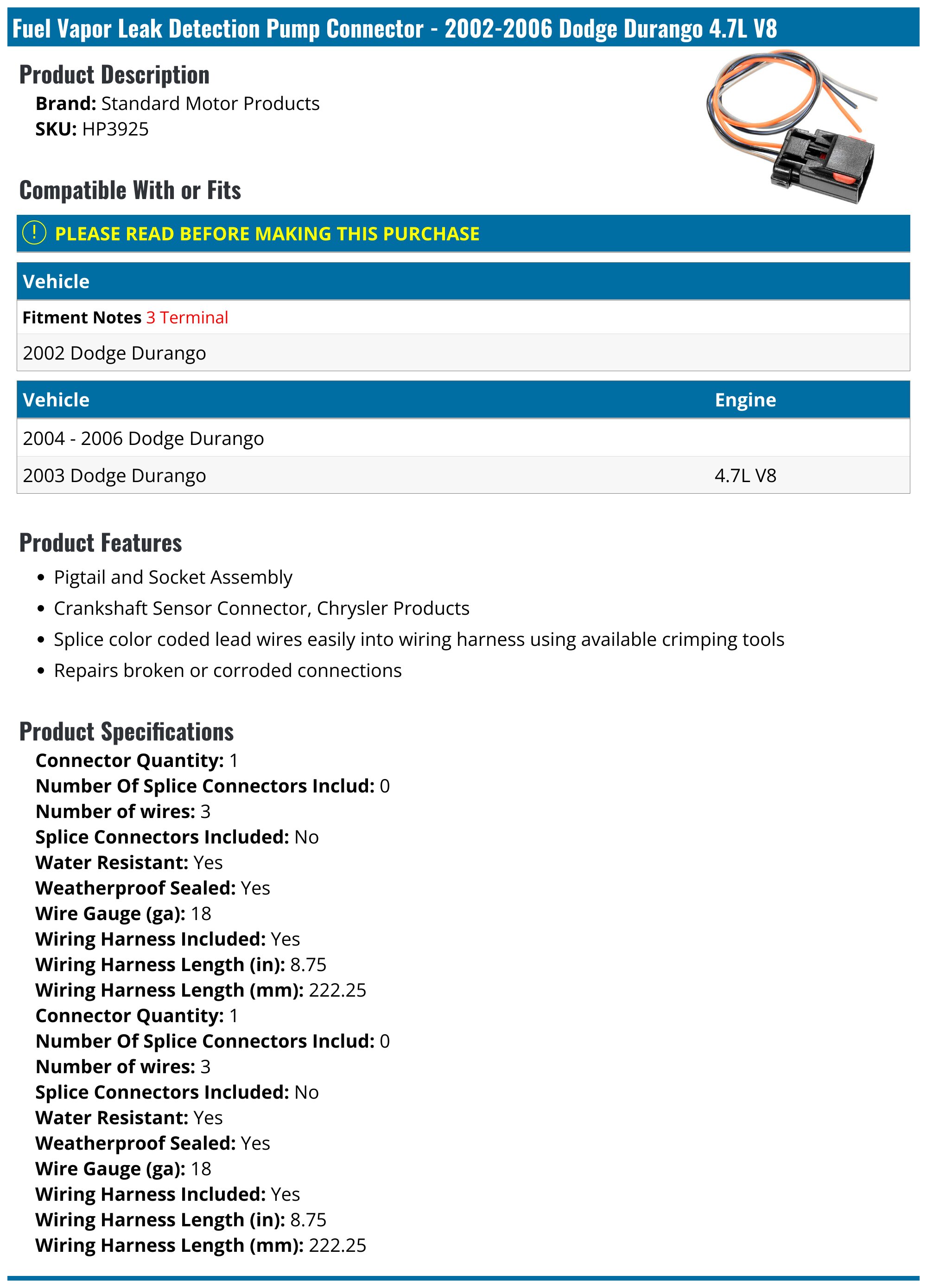 20022006 Dodge Durango Fuel Vapor Leak Detection Pump Connector