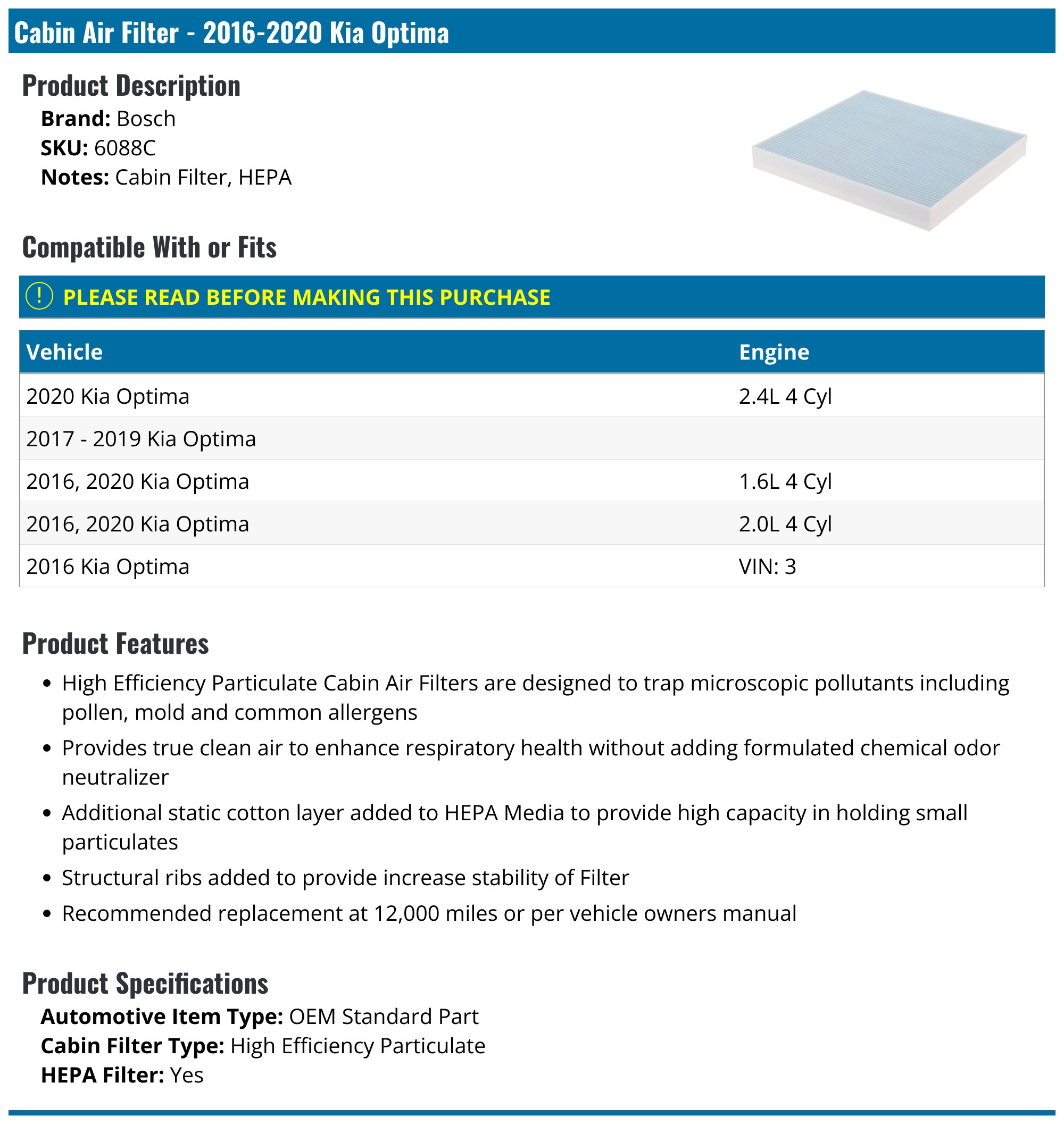 Cabin & Engine Air Filter Combo For Kia Optima 2.0L & 2.4L (2013-2015) – 2-Piece Set 3 thumbnail image