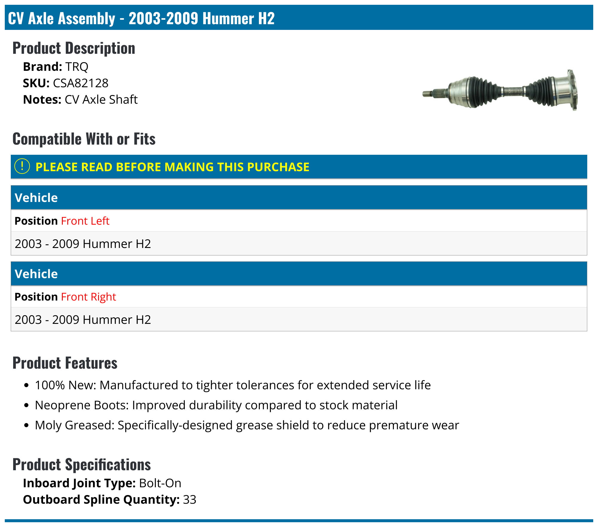 20032009 Hummer H2 Axle Assembly TRQ CSA82128 Front Left