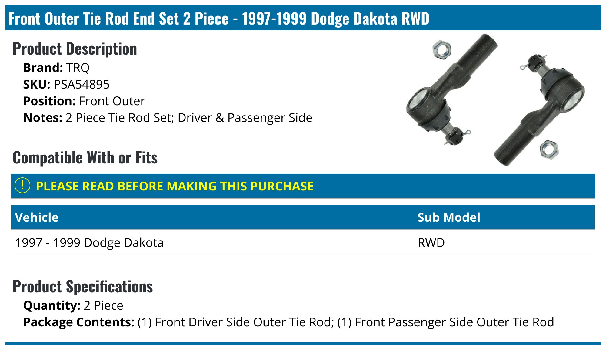 AM Autoparts Outer Tie Rod Set For 1997-1999 Dodge Dakota & 1998-1999 Durango – Front Left & Right