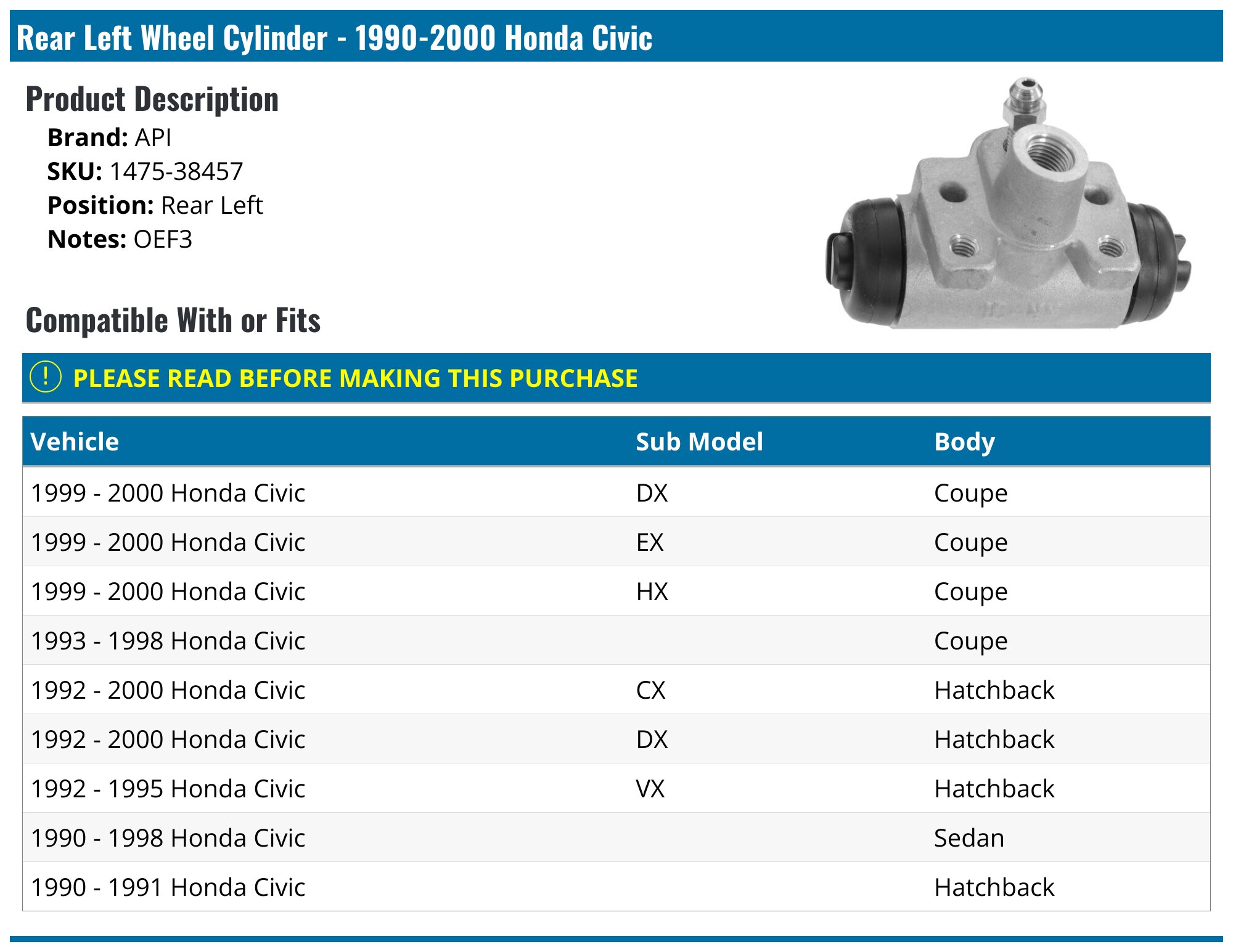 OAS Rear Left & Right Wheel Cylinders – 3/4" Bore – For 1990-2000 Honda Civic