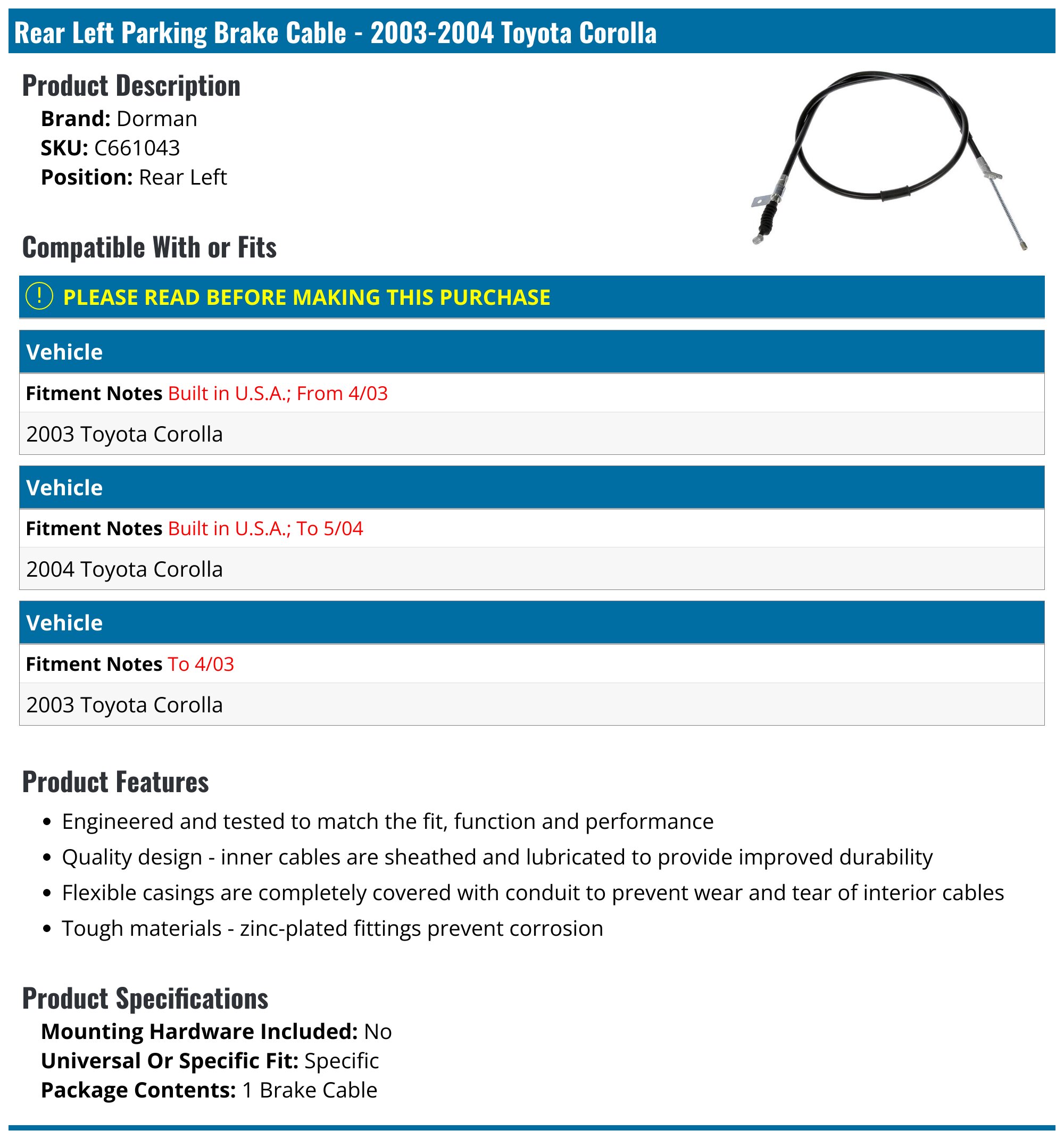 Dorman C660715 – Cavo Freno Auto Di Ricambio Con Garanzia Originale