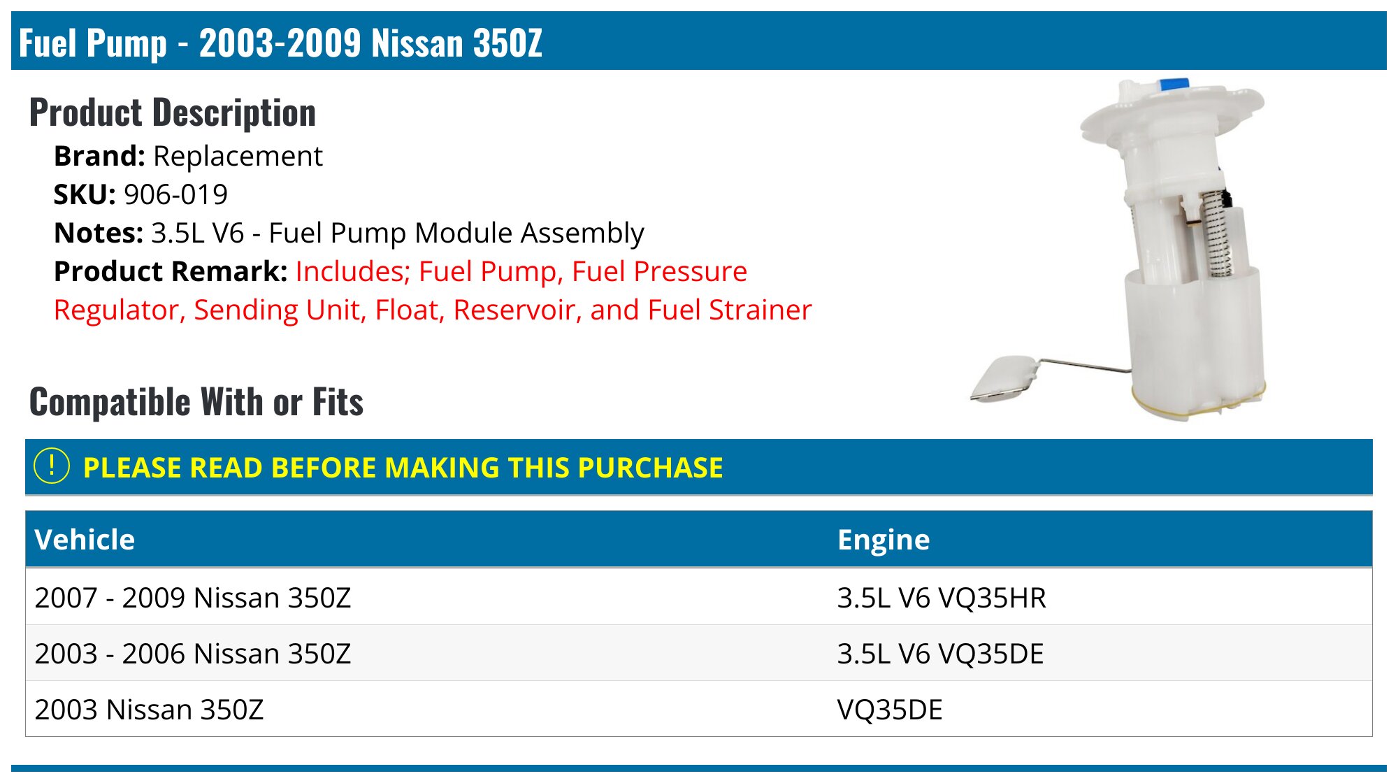 Dorman Fuel Pump Tank Seal For 2003-2004 Nissan 350Z – Part 86481MV – With Hardware, 12 Month Warranty