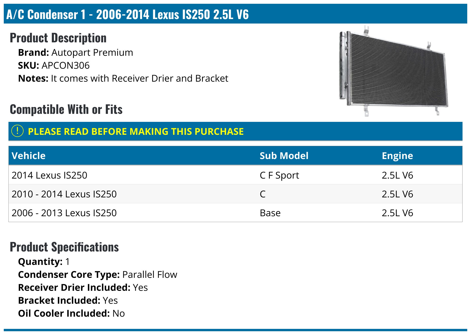 A/C Condenser - Pacific Best Inc. Compatible/Replacement For 4254 14-15 Lexus IS250/350 - With Receiver & Dryer, Parallel Flow Construction