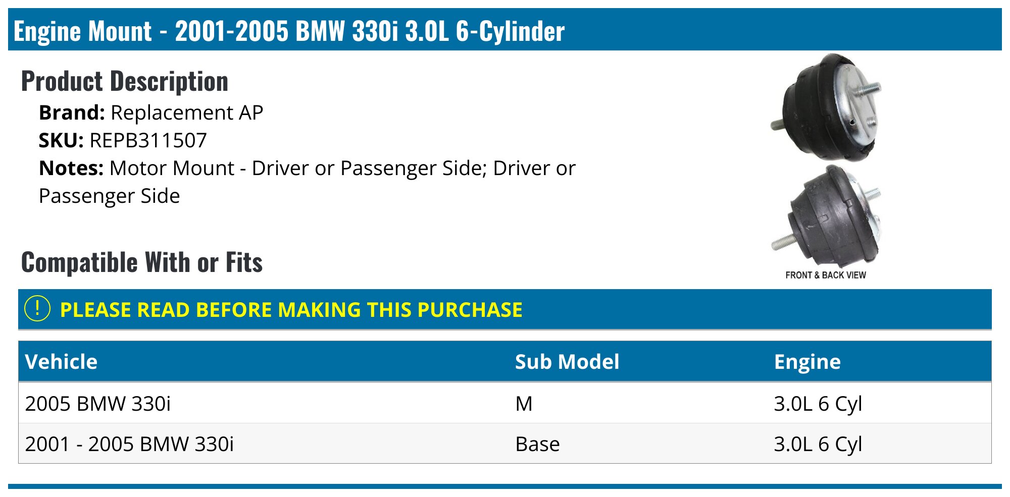2001-2006 BMW 330i Engine Mount - Replacement AP REPB311507 - PartsGeek.com