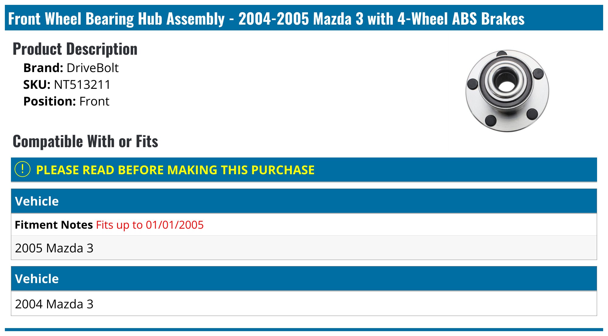 Wheel Bearing And Hub Assembly Front For 2004-2005 Mazda 3