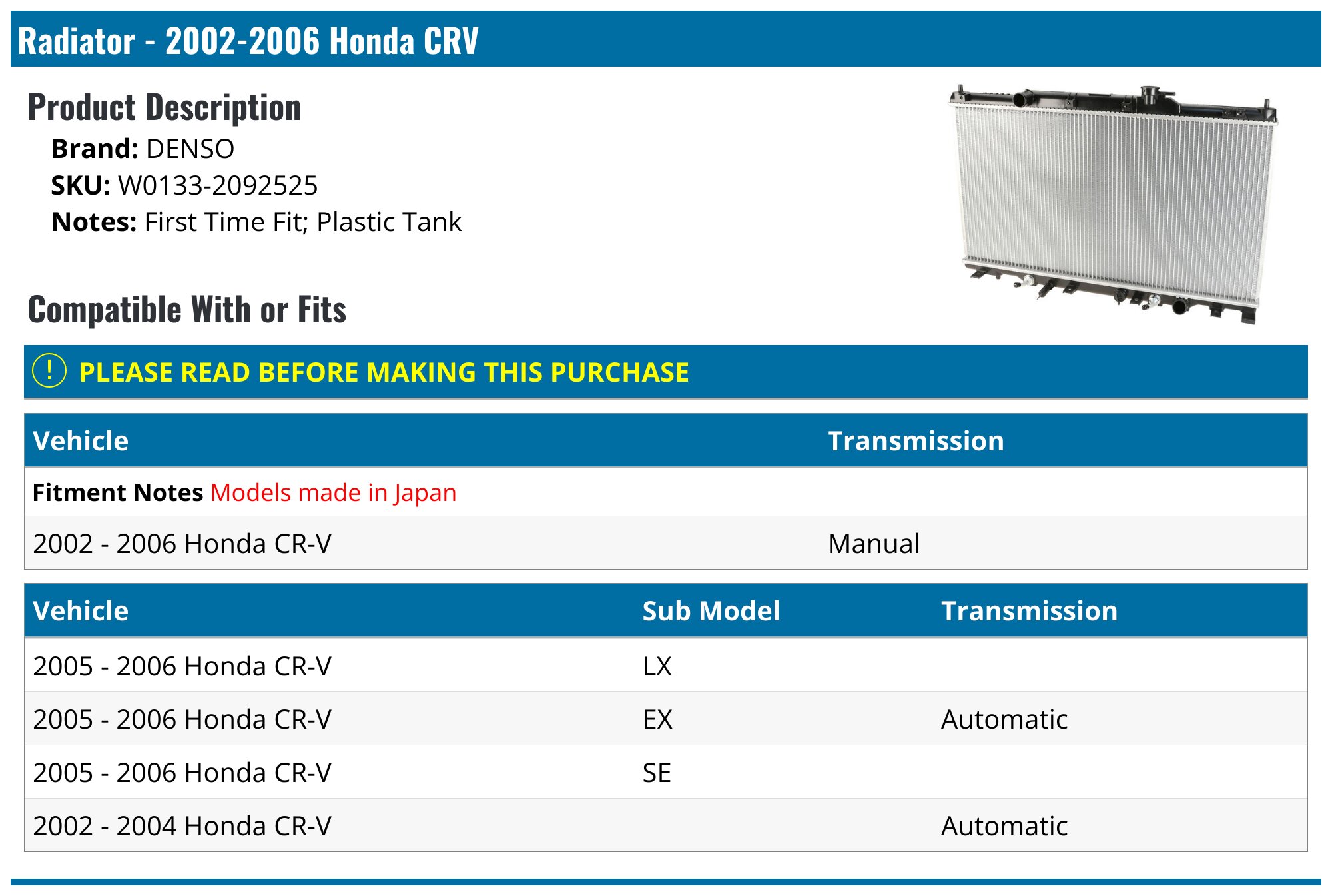 Jmotorparts Aluminum Radiator – 2002-2006 Honda CR-V, 2003-2006 Element 2.4L – 1 Row, Oil Cooler