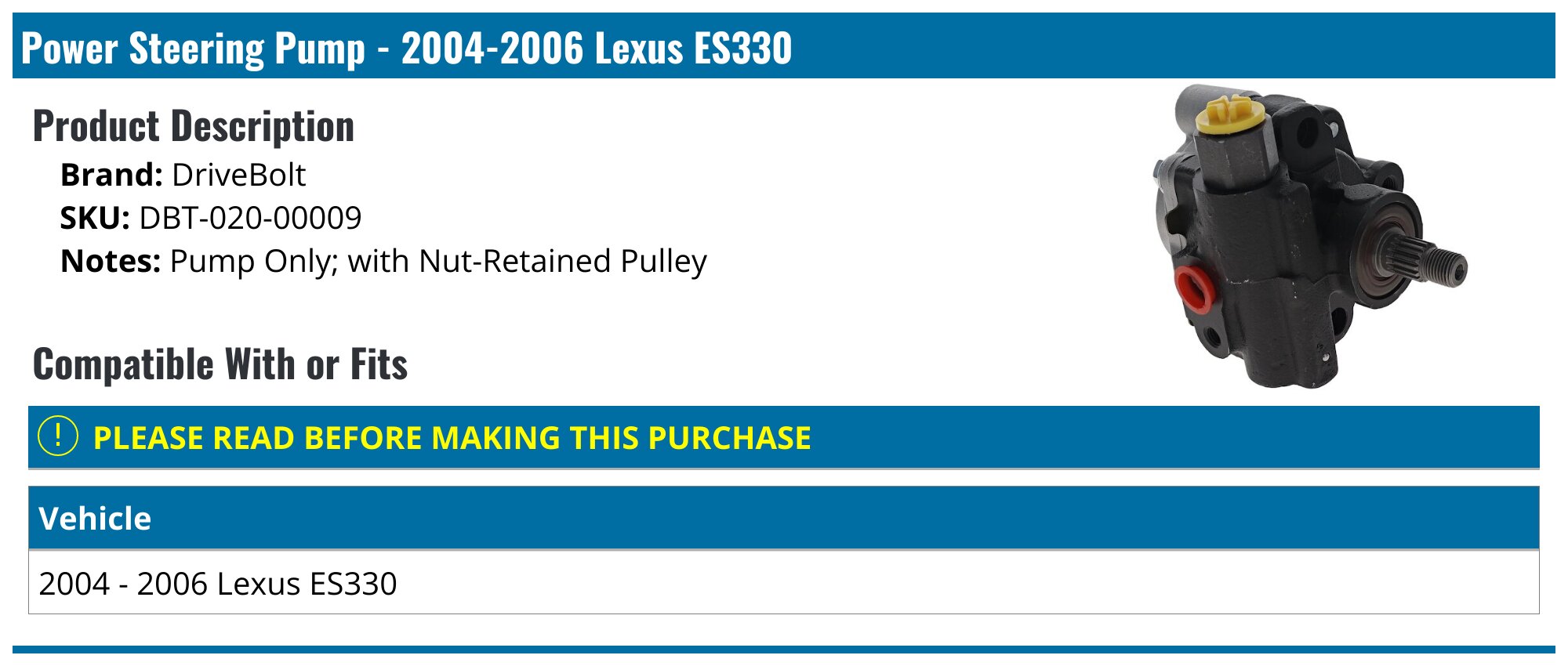 Power Steering Pump For 1994–1996 Lexus ES300 – Direct Fit, Remanufactured & Reliable