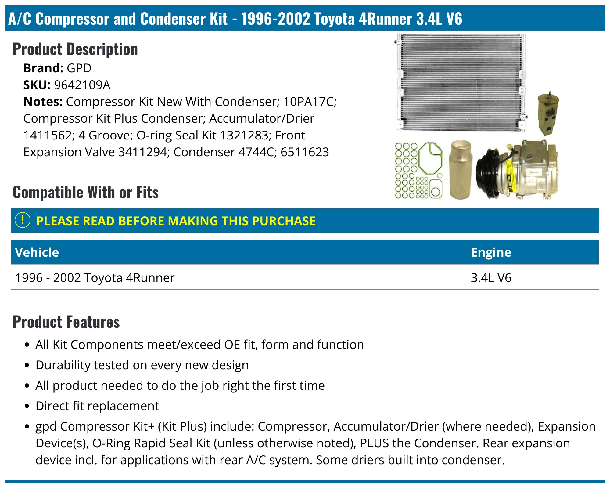1996-2002 Toyota 4Runner A/C Compressor - GPD 9642109A - PartsGeek.com
