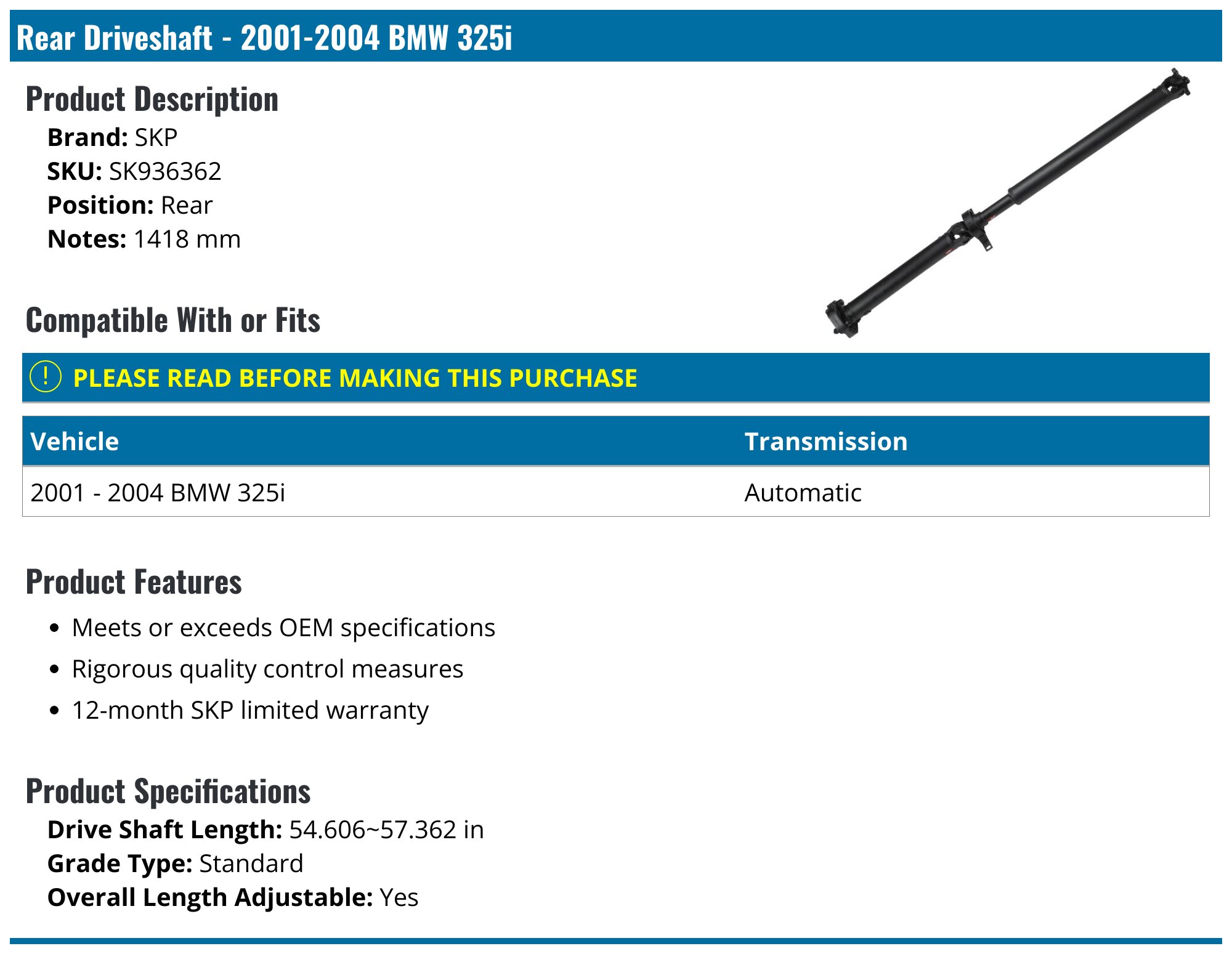 2001-2005 BMW 325i Drive Shaft - SKP SK936362 - Rear - PartsGeek.com