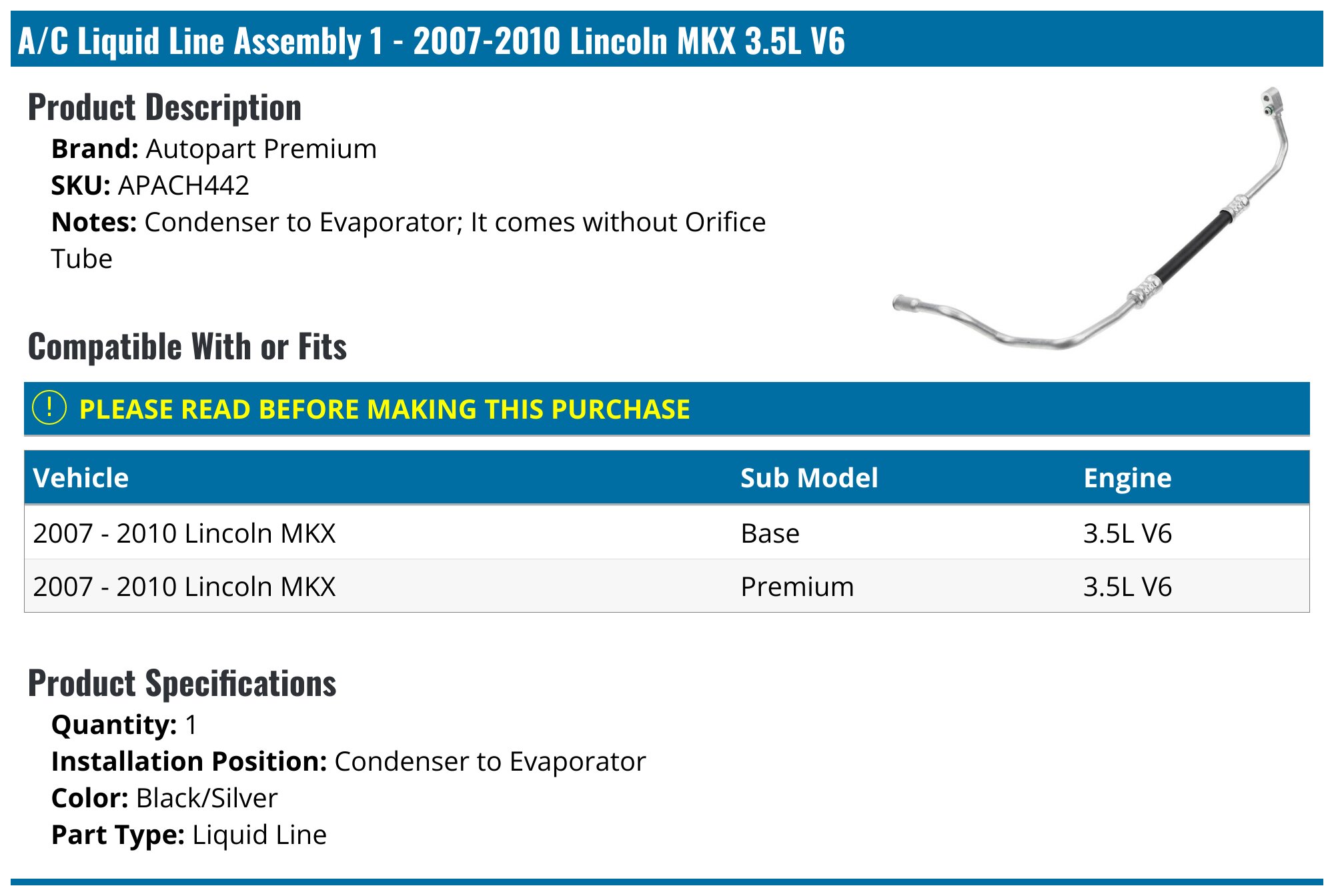 2007 2010 Lincoln Mkx Ac Hose Autopart Premium Apach442 Condenser 
