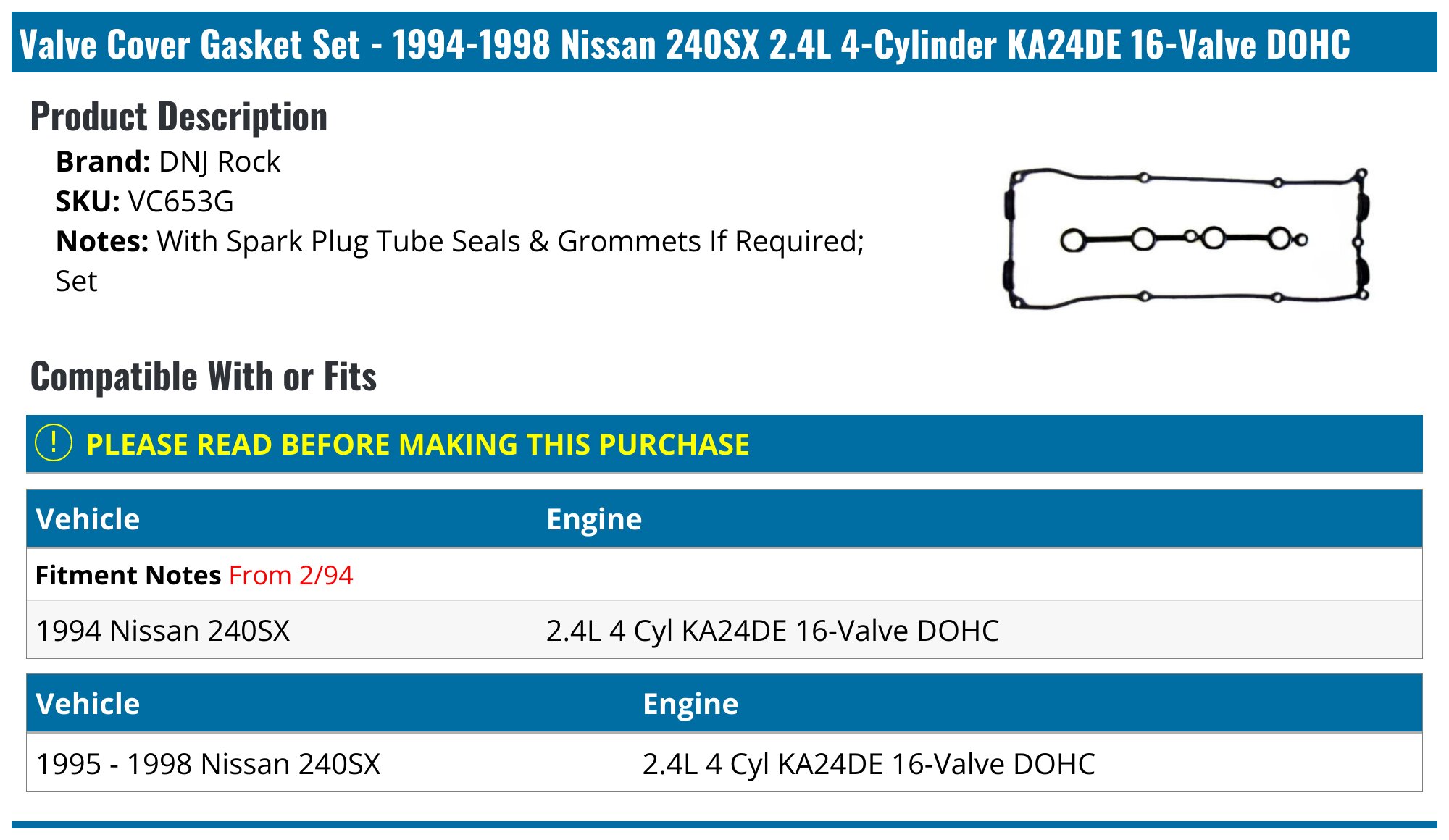 1994-1998 Nissan 240SX Valve Cover Gasket - DNJ Rock VC653G