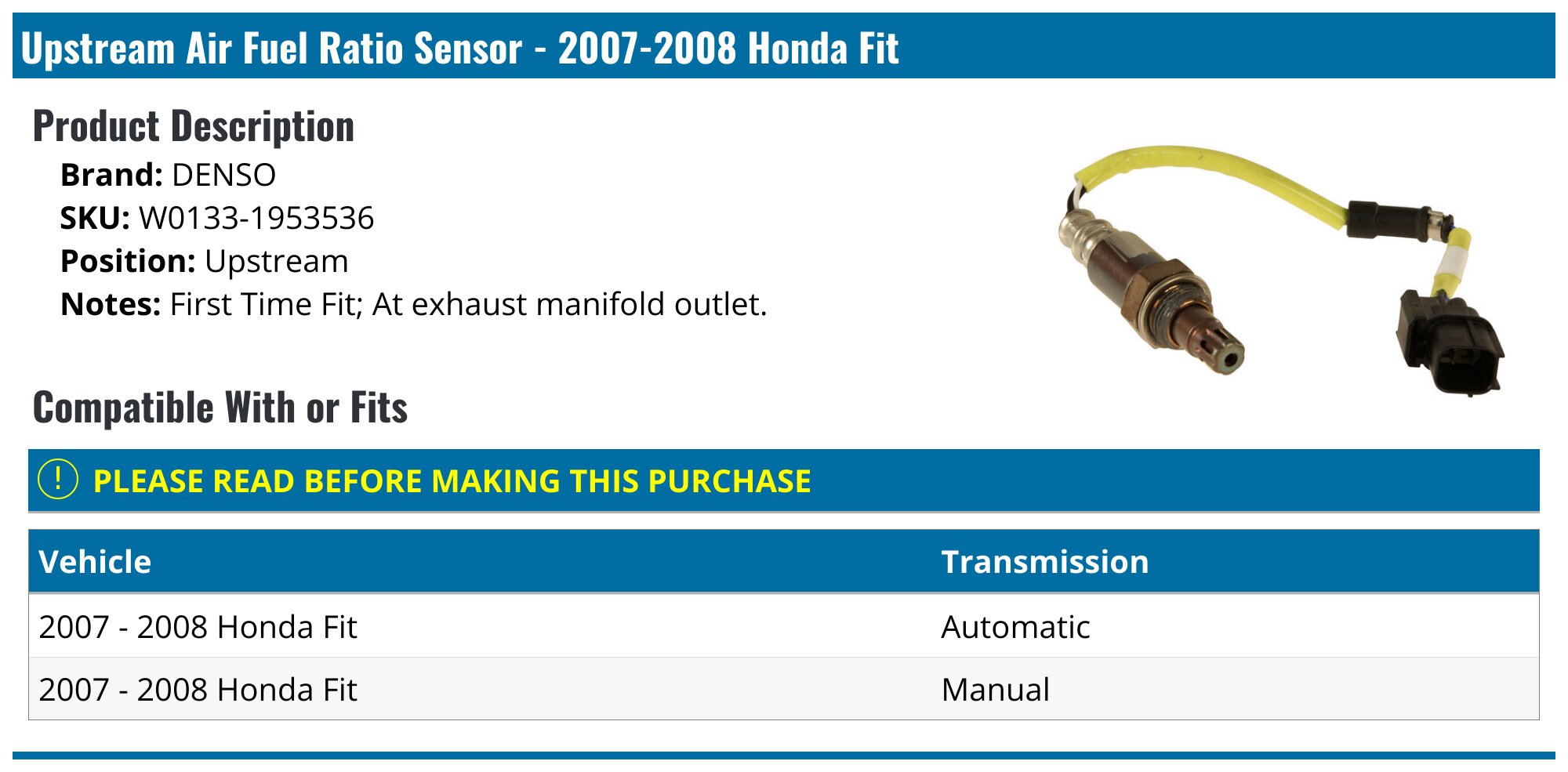 20072008 Honda Fit Oxygen Sensor Denso W01331953536 Upstream