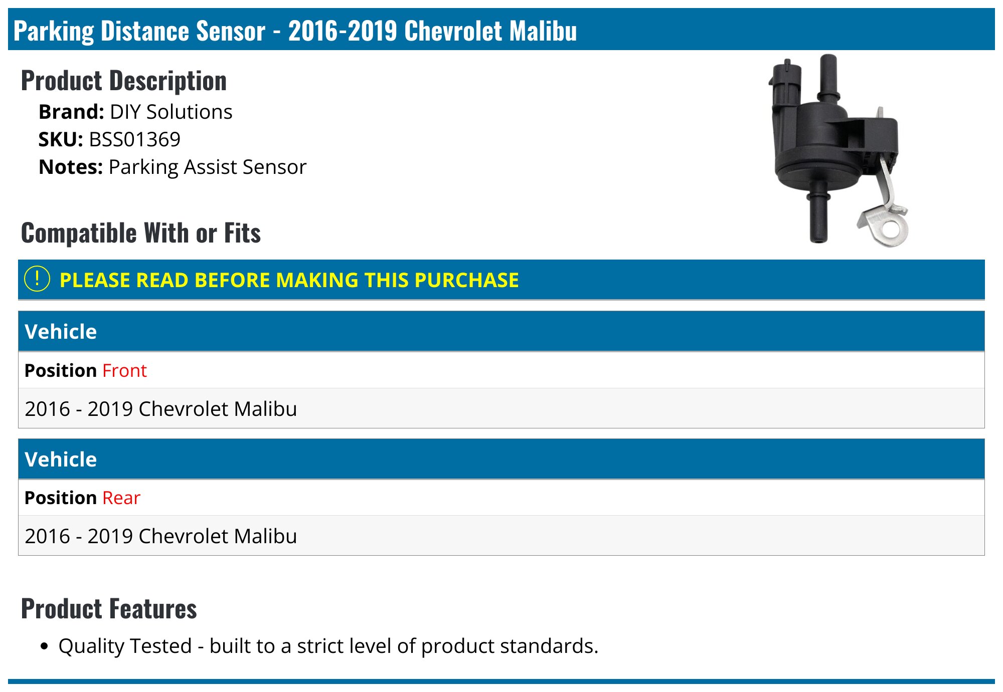 AC Delco Parking Aid Sensor Bracket 35857ZX – Front Outer For 2019-2022 Chevy Malibu