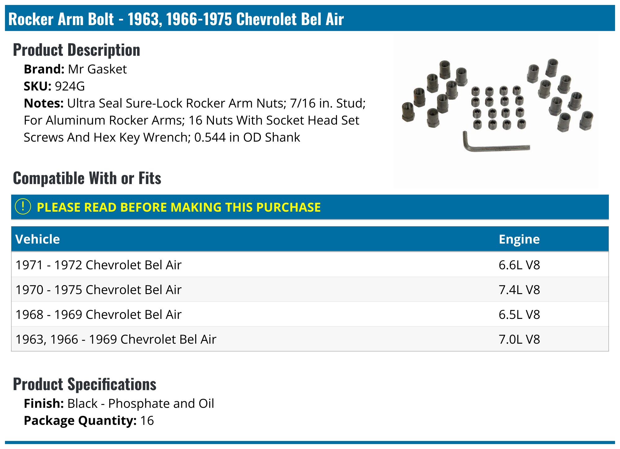 1963, 19661975 Chevrolet Bel Air Rocker Arm Bolt Mr Gasket 924G