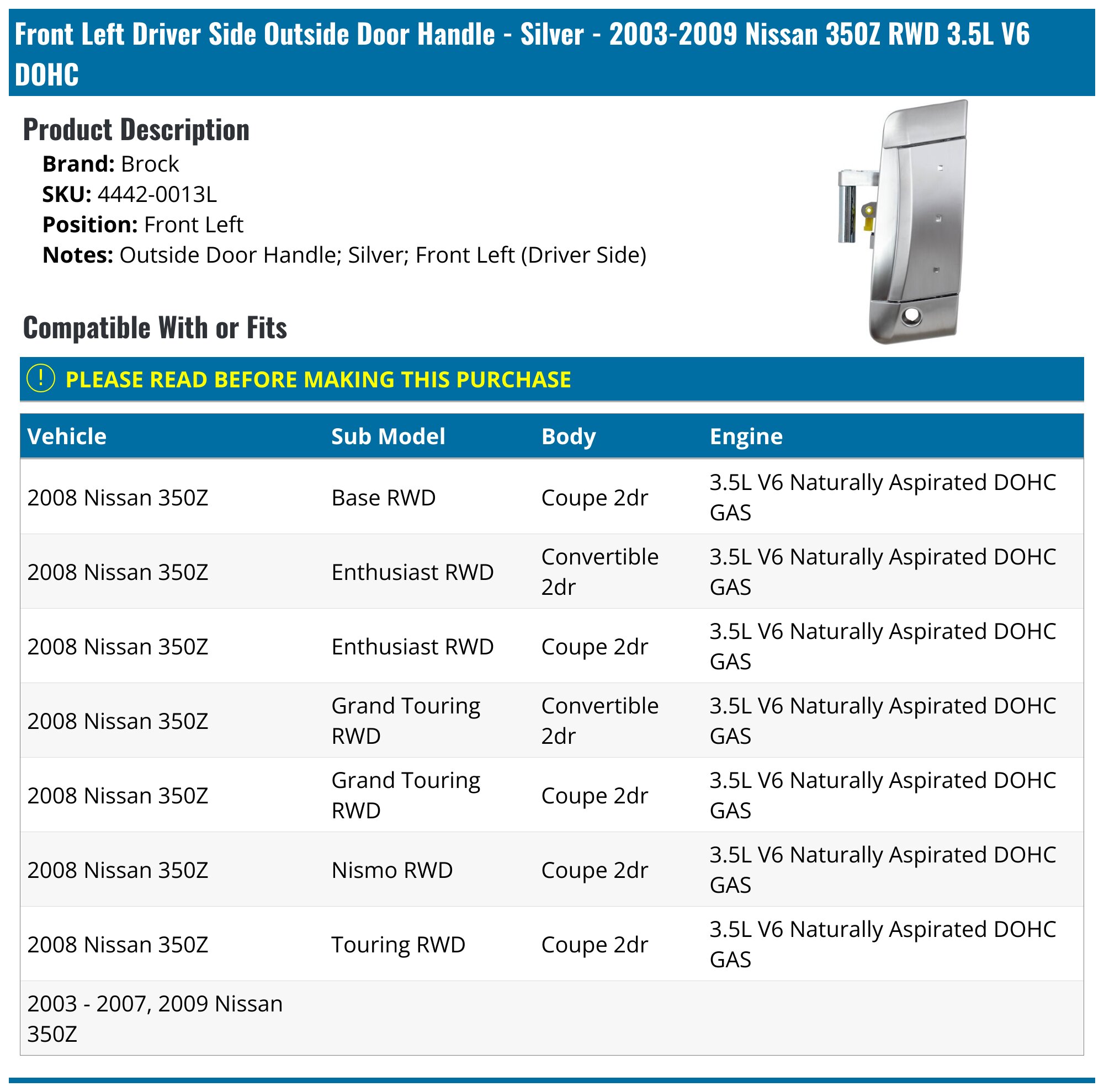 AM Autoparts Right Front Door Handle For 2003-2007 Nissan 350Z - Silver, 10-Year Warranty