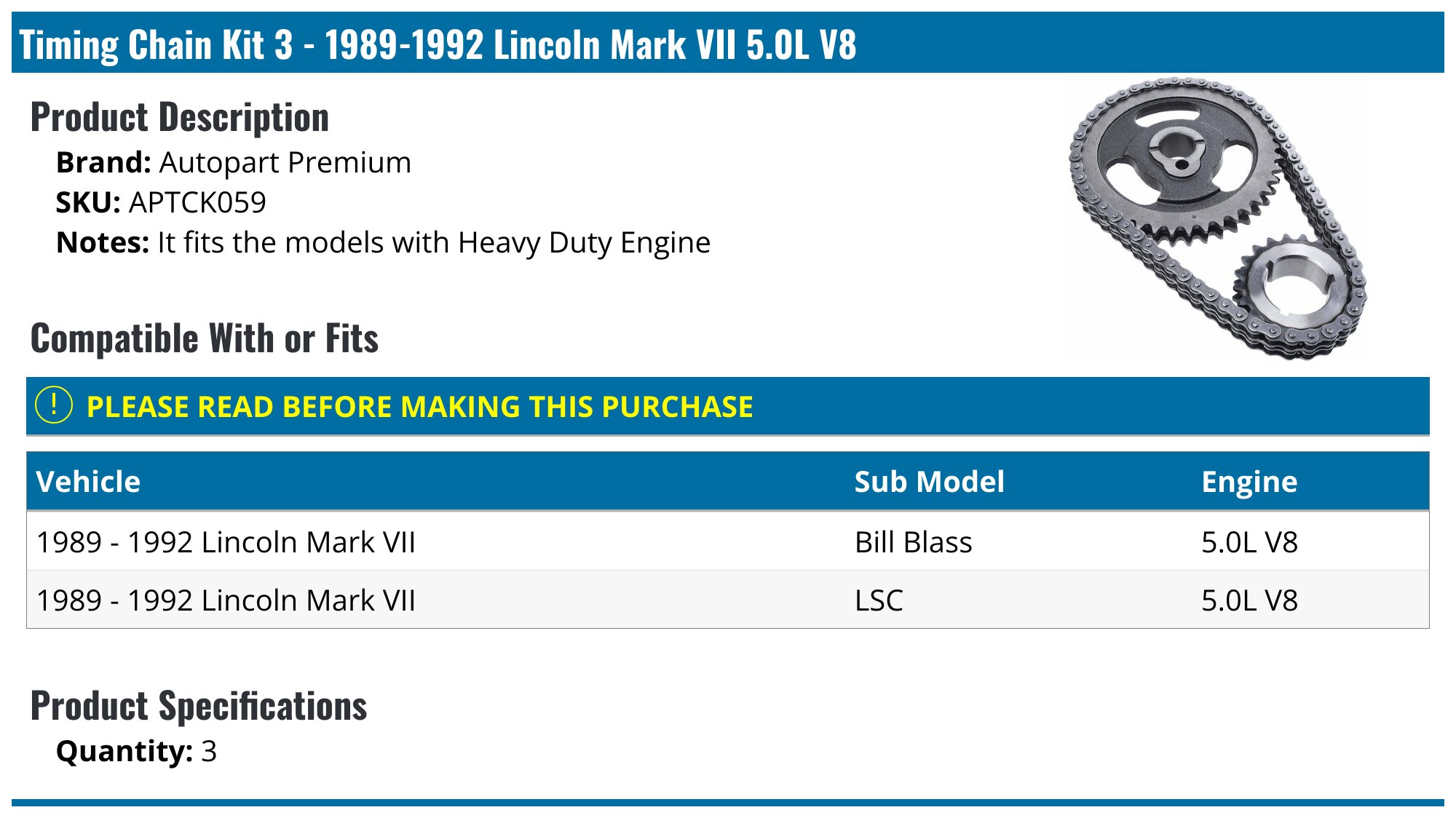 Timing Chain Kit For Ford/Lincoln/Mercury 5.0L & 5.8L OHV V8 Engines (1984-1996) - 3-Piece Set