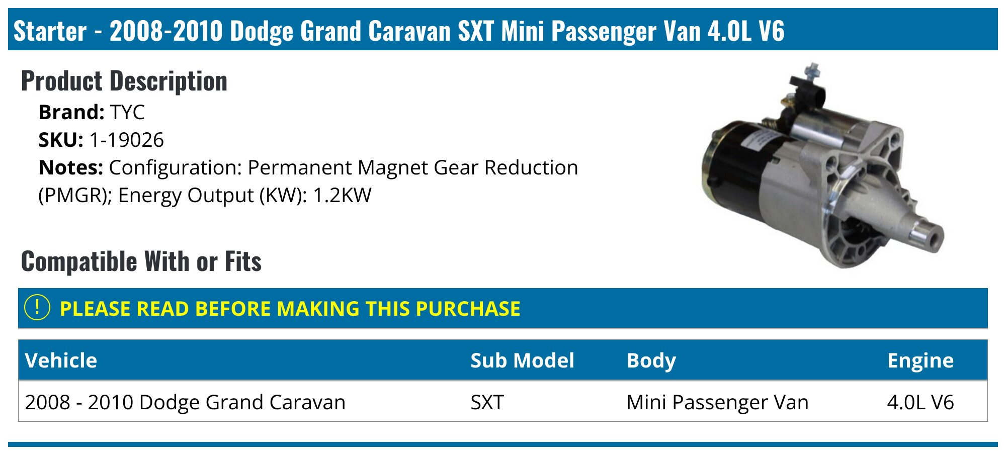 2008-2010 Dodge Grand Caravan Starter - TYC 1-19026 - PartsGeek.com 