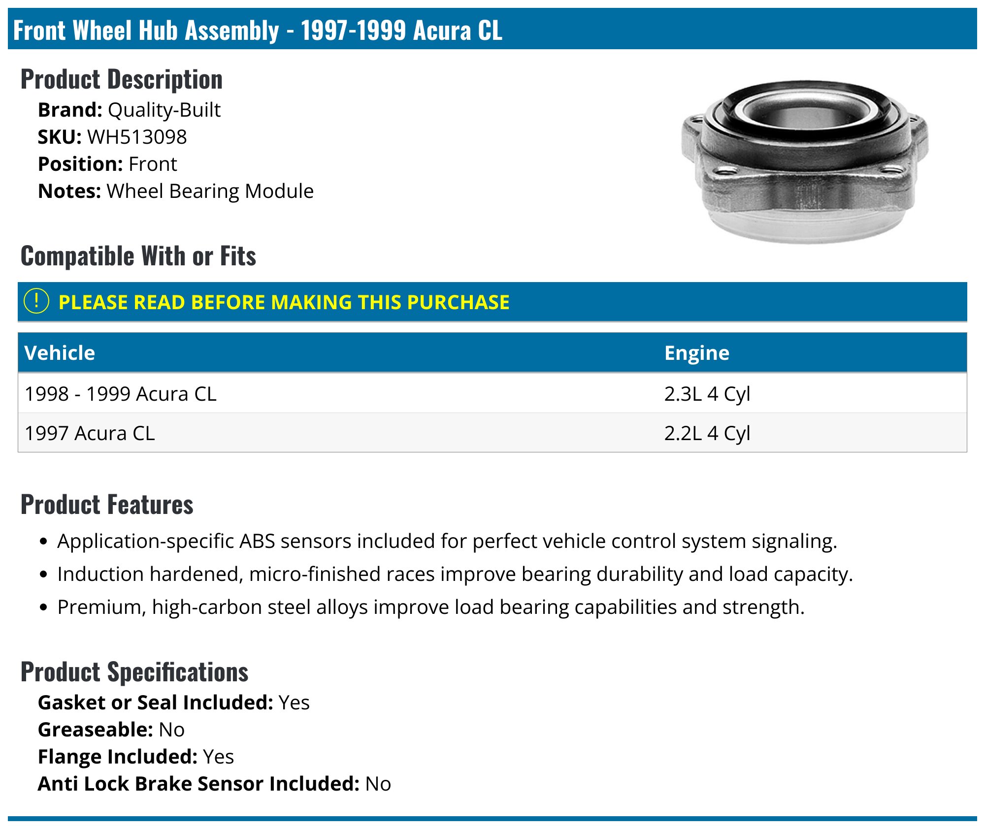 Front Wheel Hub Bearing Assembly Pair For 1998-1999 Acura CL 3.0 V6 – Left & Right