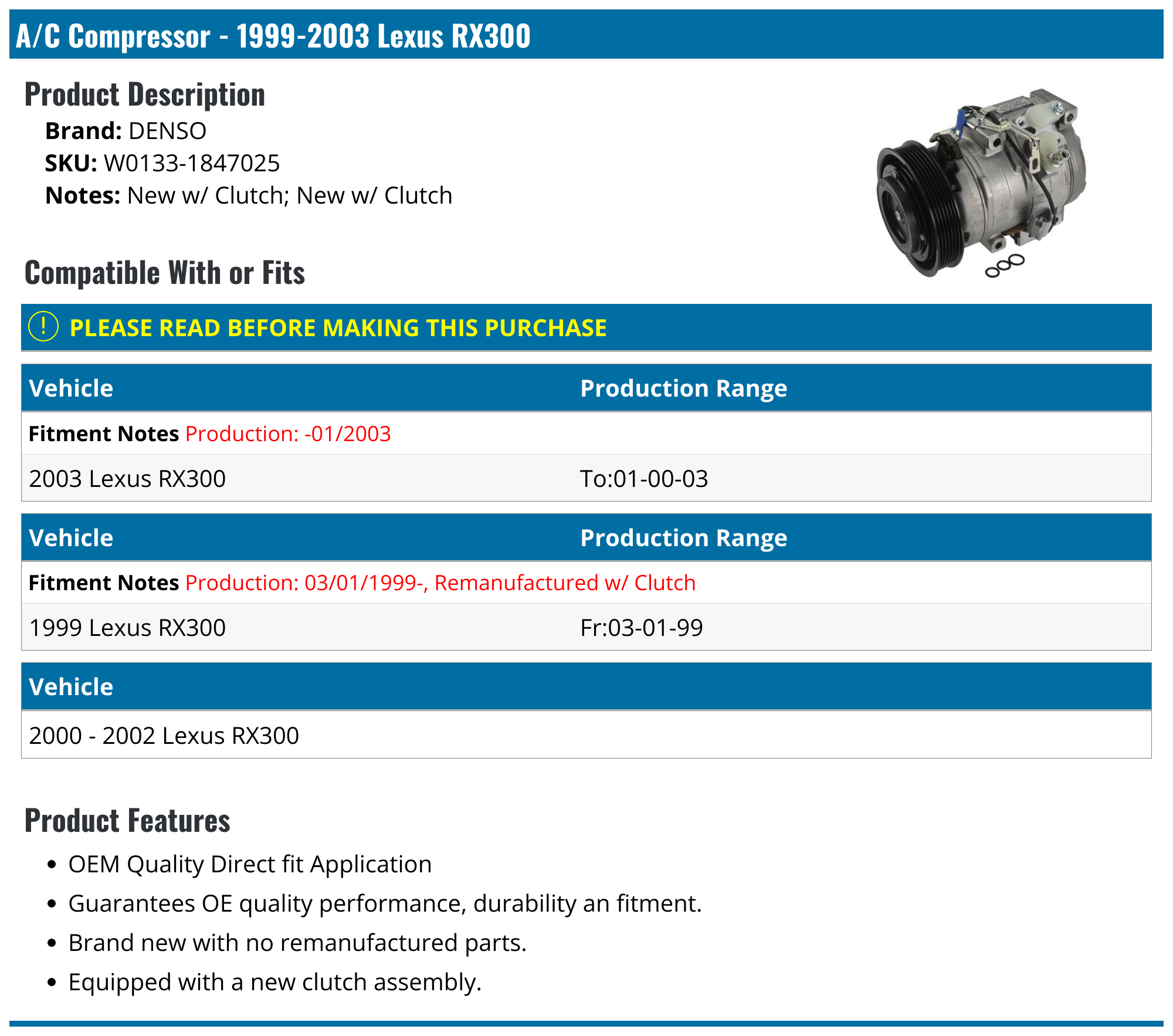 1999-2003 Lexus RX300 A/C Compressor - Denso W0133-1847025 - PartsGeek.com