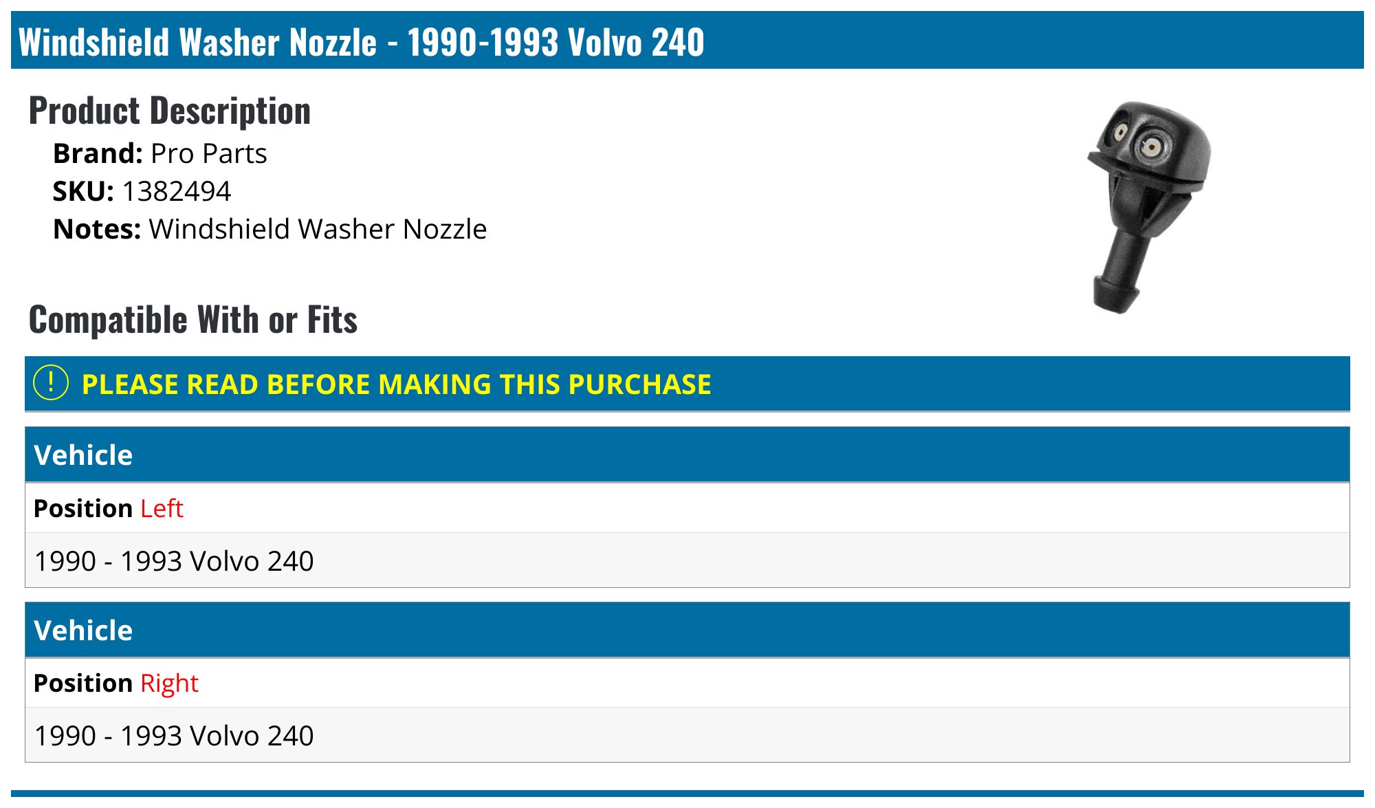 1990-1993 Volvo 240 Windshield Washer Nozzle - Pro Parts 1382494 ...
