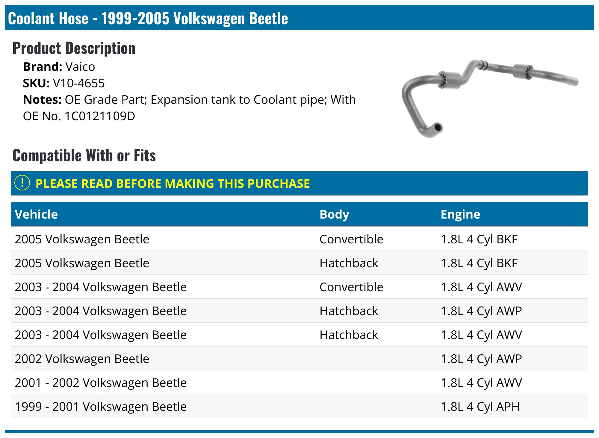 Coolant Hose Flange Kit W/ Gasket & Sensor For 98-05 Volkswagen Beetle 2.0L - Black Plastic, Easy Install