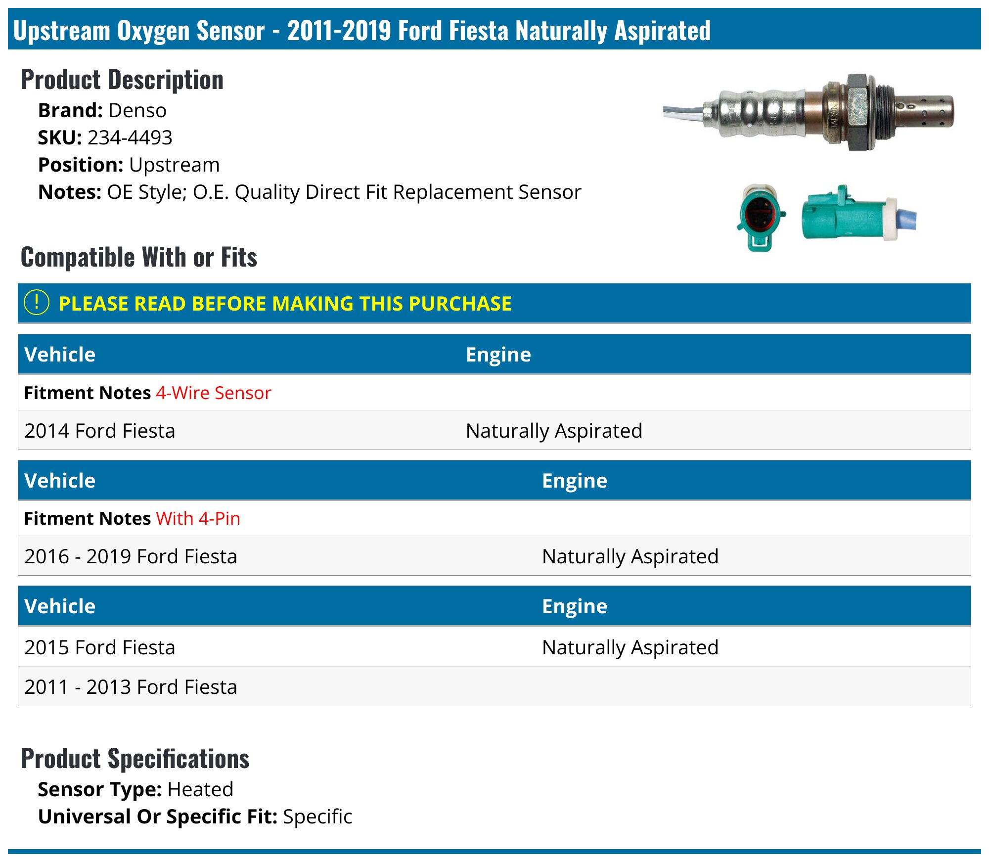 DriveBolt 29454VD Oxygen Sensor For 2011-2019 Ford Fiesta – Direct Fit, 12-Month Warranty
