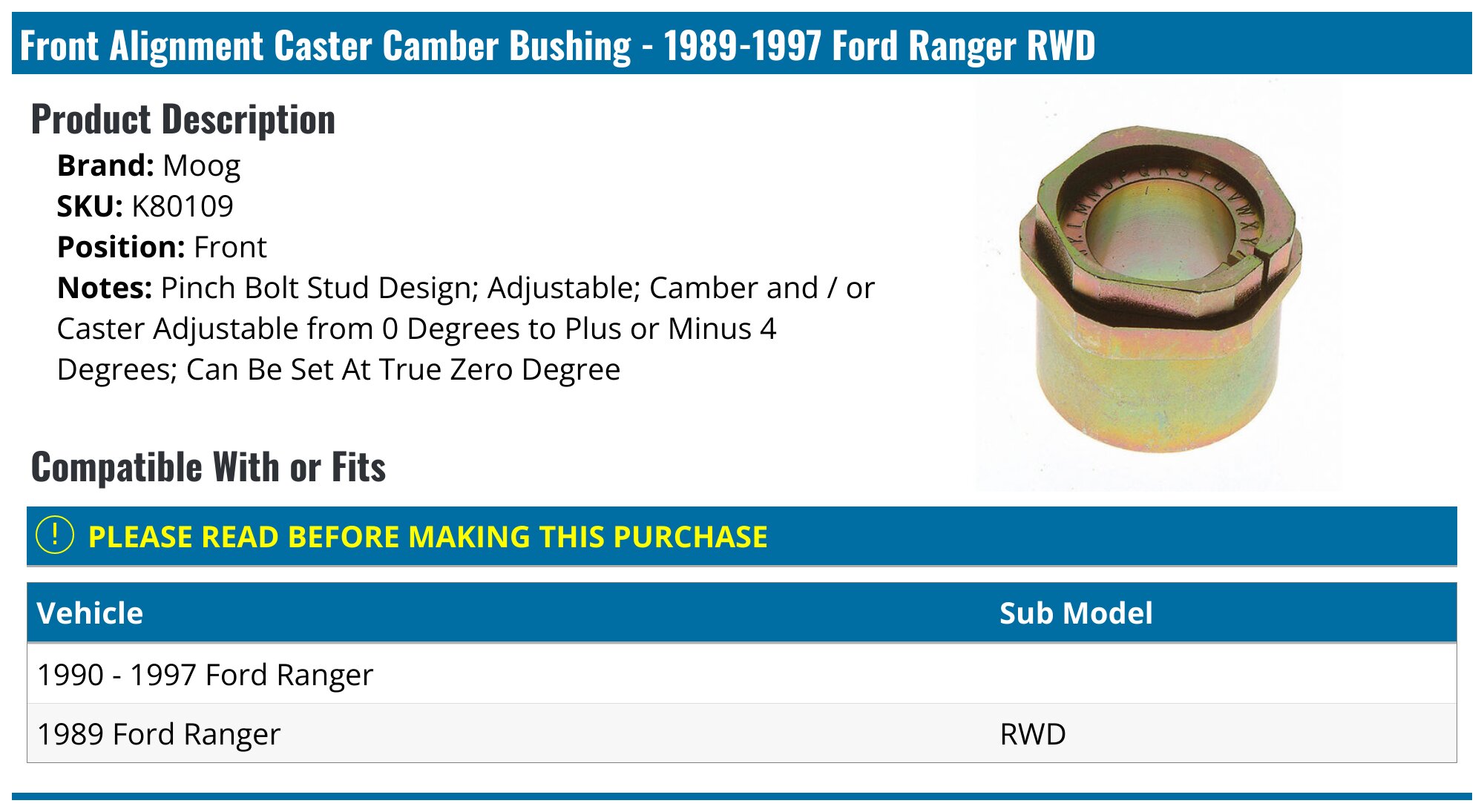 1989-1997 Ford Ranger Alignment Caster Camber Bushing - Moog K80109 ...