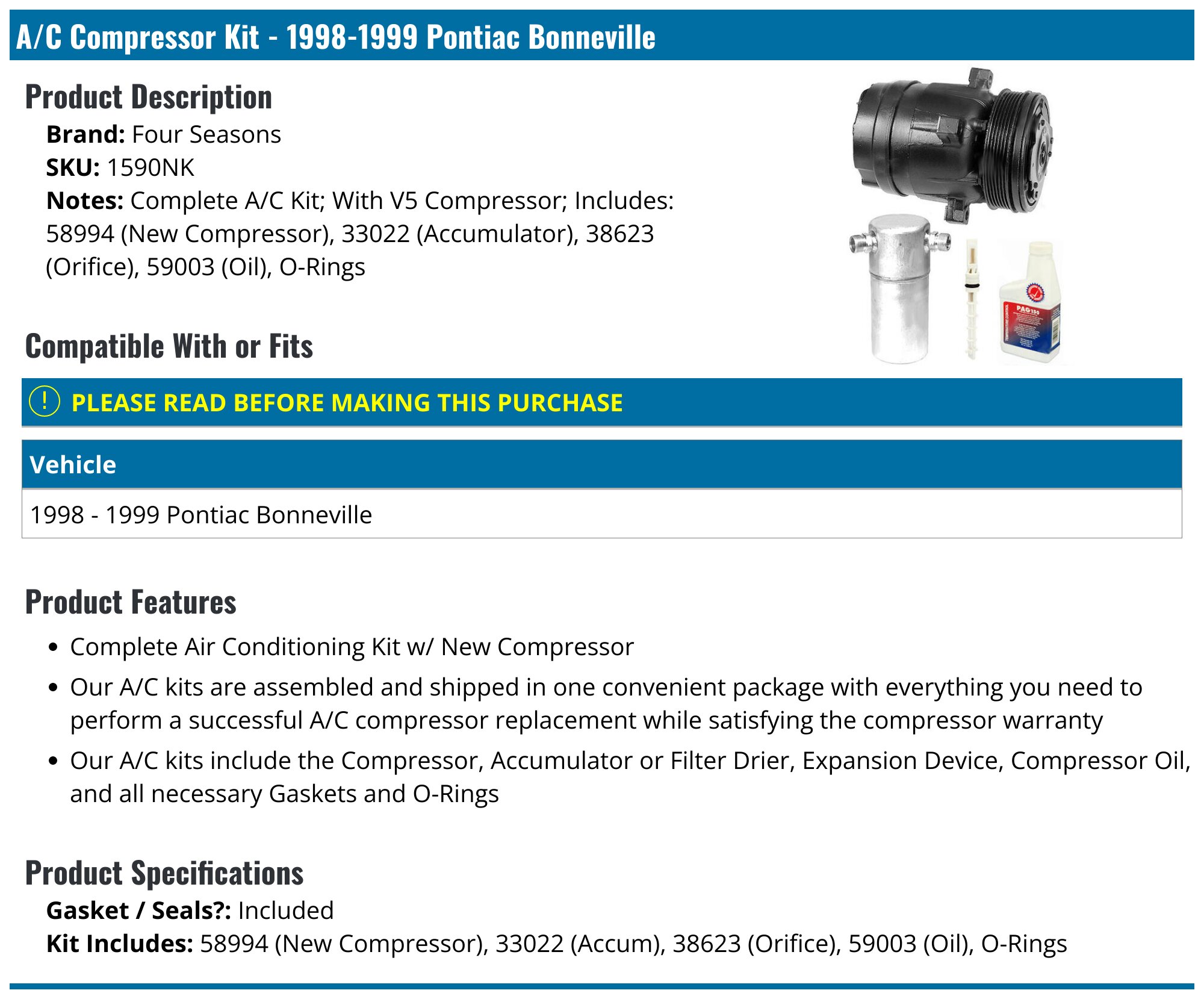 ACE AUTO COMPRESSORS A/C Compressor Kit – Pontiac Grand AM 1999-2001, Oldsmobile Alero 1999-2004 3.4L – Remanufactured