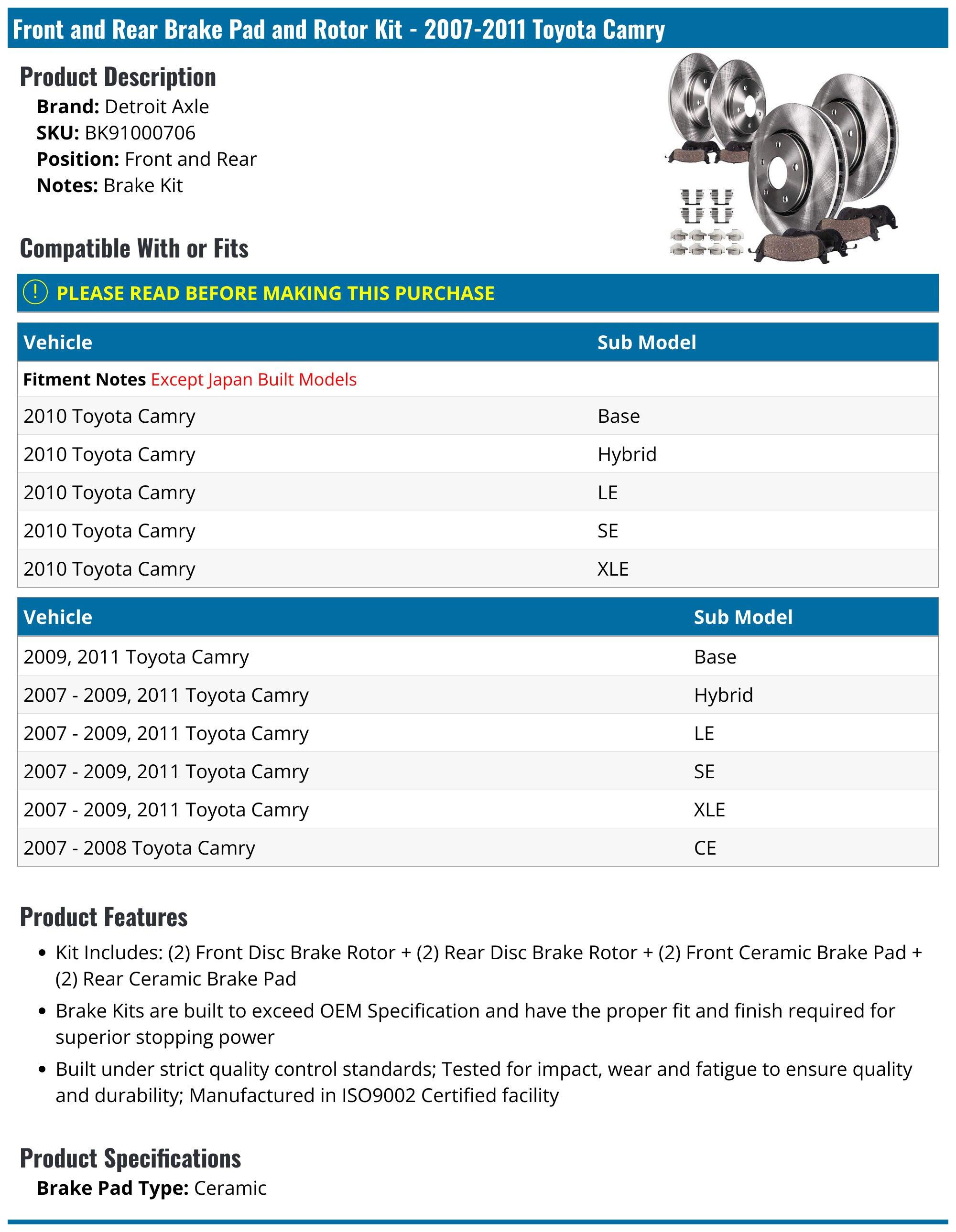 20072011 Toyota Camry Brake Rotor Detroit Axle BK91000706 Front